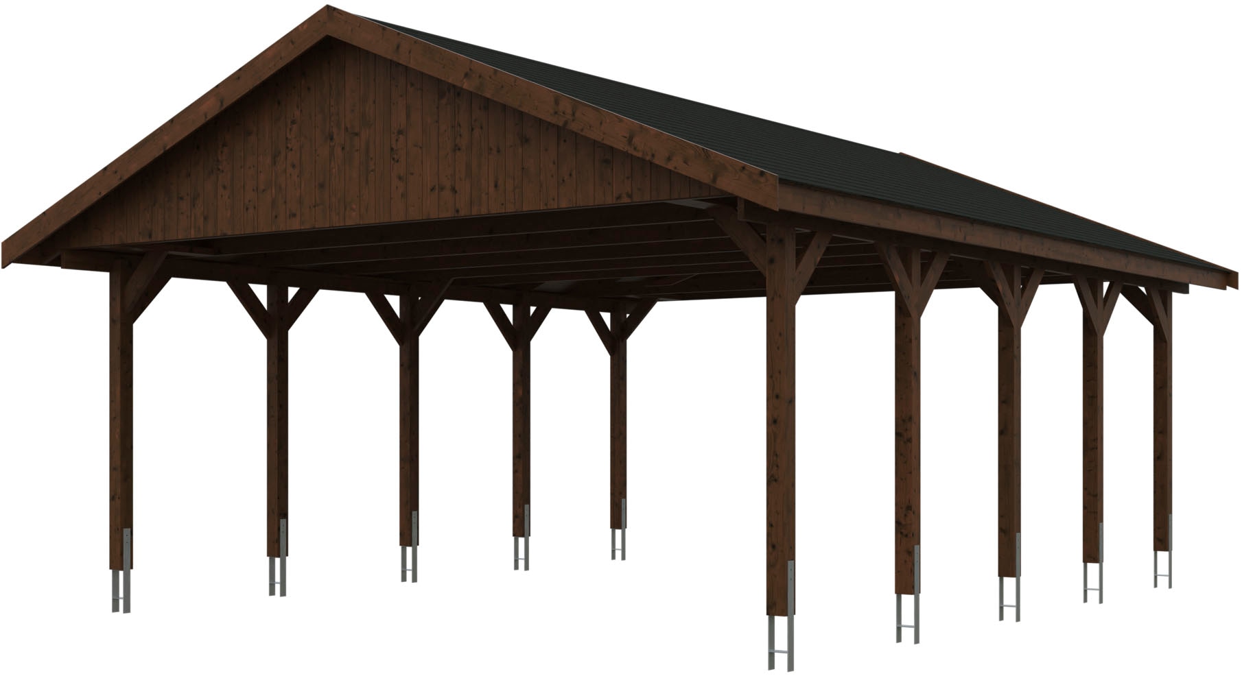 Skanholz Doppelcarport "Wallgau" Massivholz 530 cm Nussbaum mit schwarzen Dachschindeln