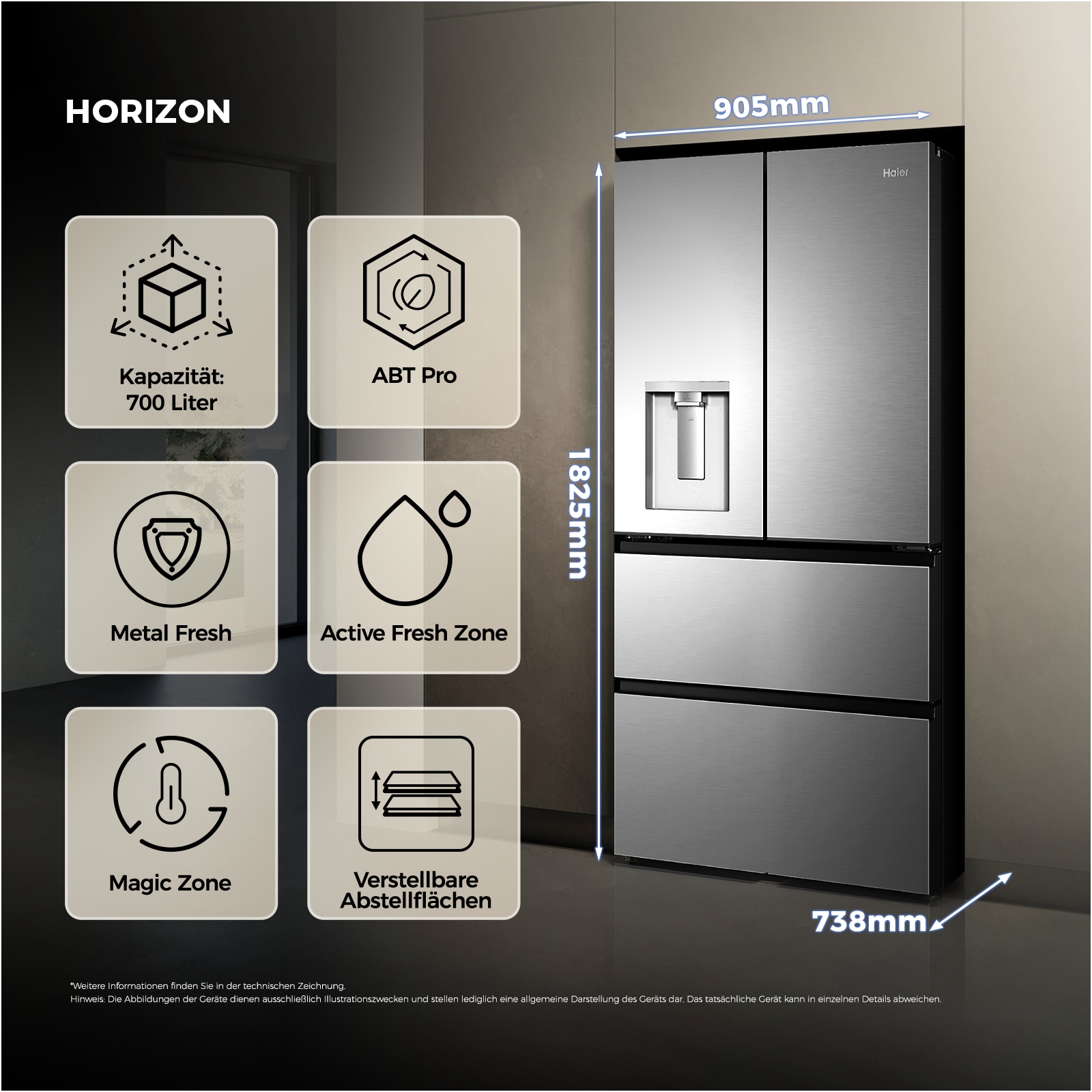 Haier Multi Door Horizon Collection »HFR59F18CWMM« 182,5 cm hoch 90,5 cm breit Wasserdispenser mit Tank