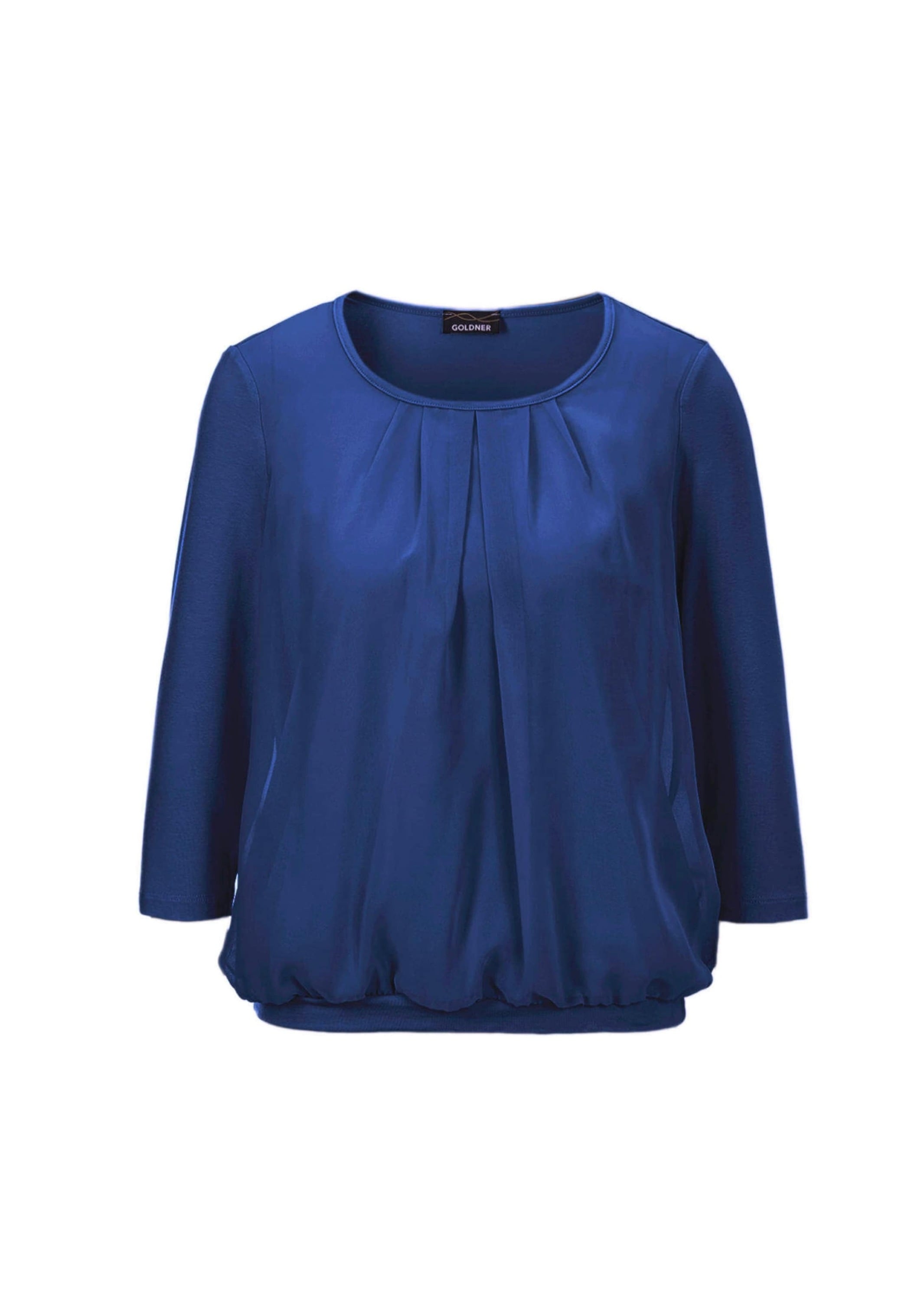 GOLDNER Damen Kurzarmbluse "Kurzgröße Chiffon-Shirt mit 3/4-Arm, Rundhals", blau, Gr. 24, Obermaterial: 95% Viskose CV. 5% Elasthan EL., Blusen
