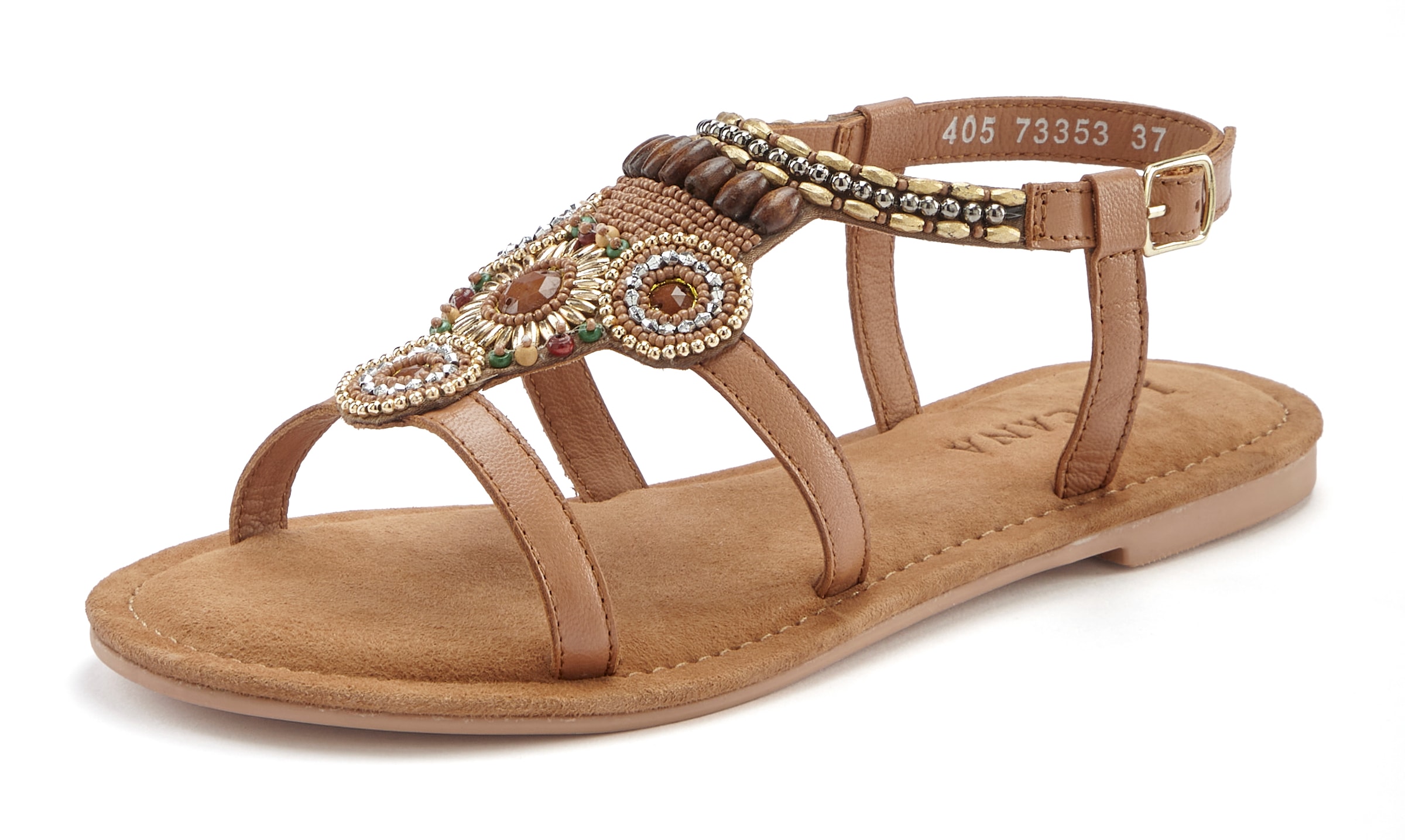 LASCANA Sandale, Sandalette, Sommerschuh aus Leder mit Steinchen in Glitzer-Optik