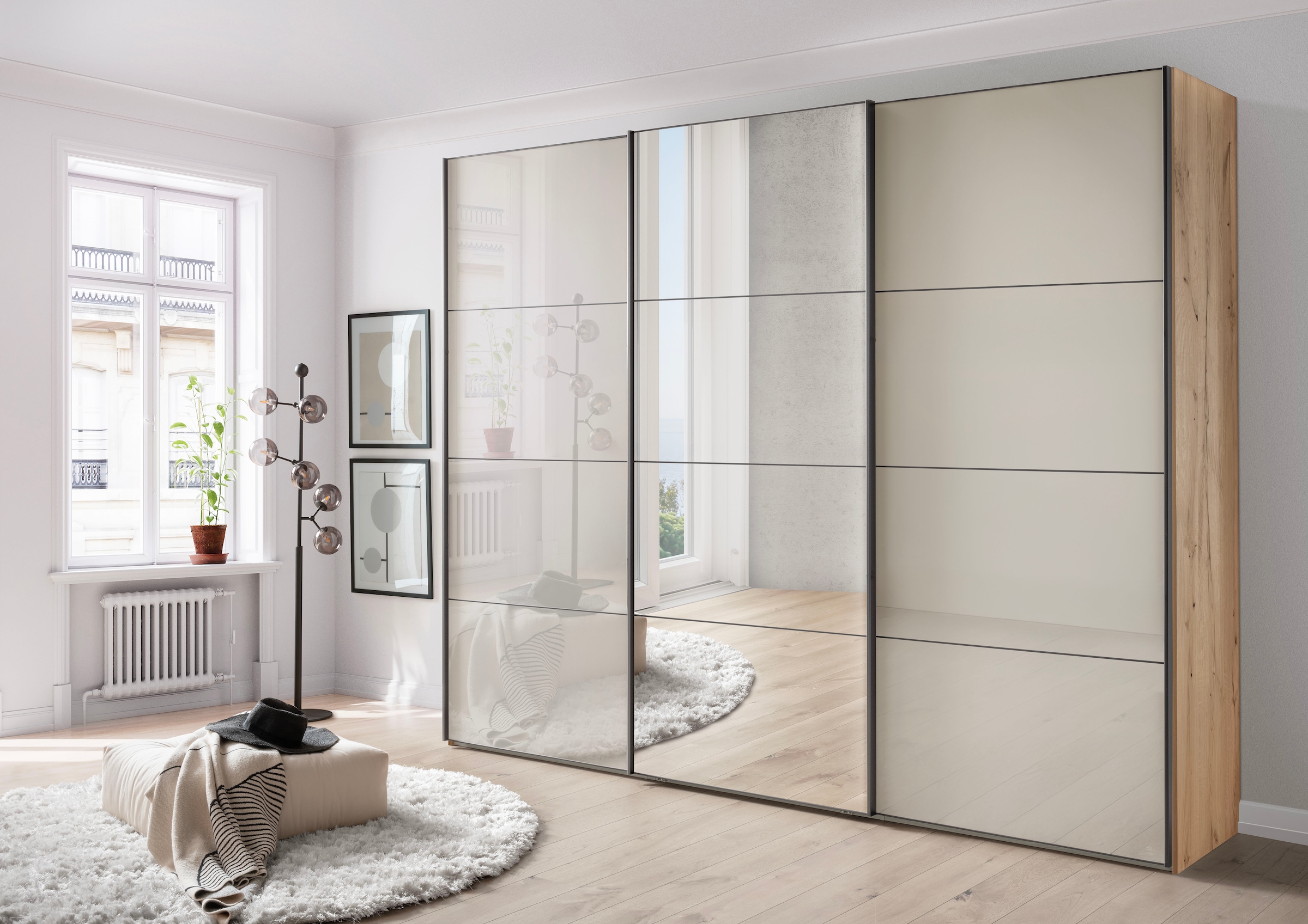 WIEMANN Schwebetürenschrank »Phoenix, Made in Germany, modernes Design, Highlight, Blickfang« Viele Farbkombinationen, in 4 Breiten und in 2 Höhen erhältlich,  maximaler Staurraum, inkl.Einlegeböden, Wäscheböden u. Dämpfer