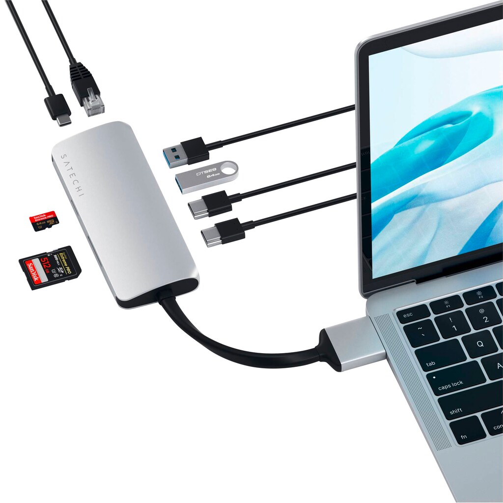 Satechi Laptop-Adapter »Type-C Dual Multimedia Adapter«, USB-C zu HDMI-USB Typ A-USB Typ C-MicroSD-Card-SD-Card-RJ-45 (Ethernet), 15,9 cm