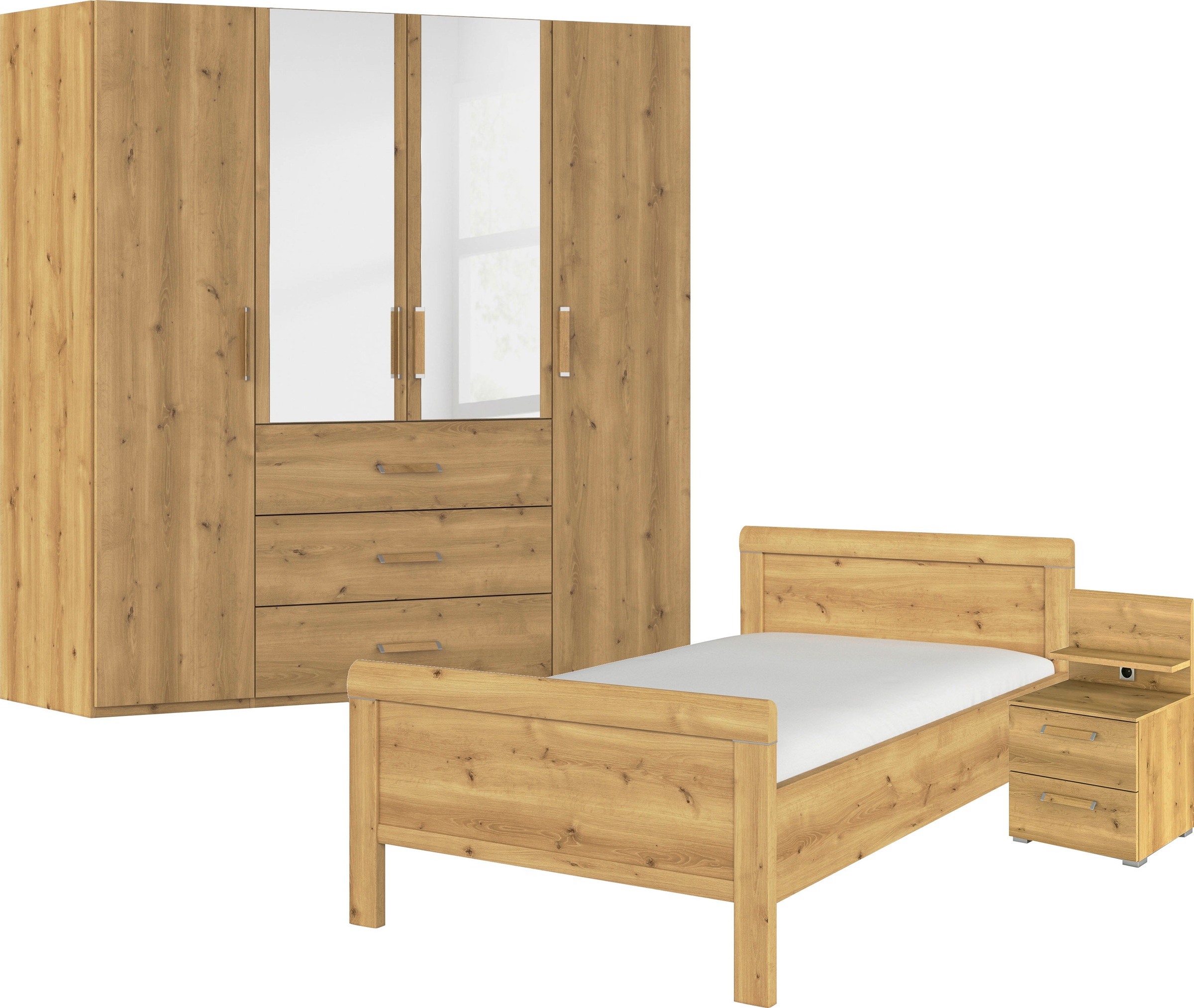 rauch "Komplettschlafzimmer Schlafzimmer EVELYN" Set, inkl. SOFT-CLOSE-FUNKTION, 3 Stk. tlg. Schrank und Bett in 2 Breiten, Nachttisch mit Paneel MADE IN GERMANY