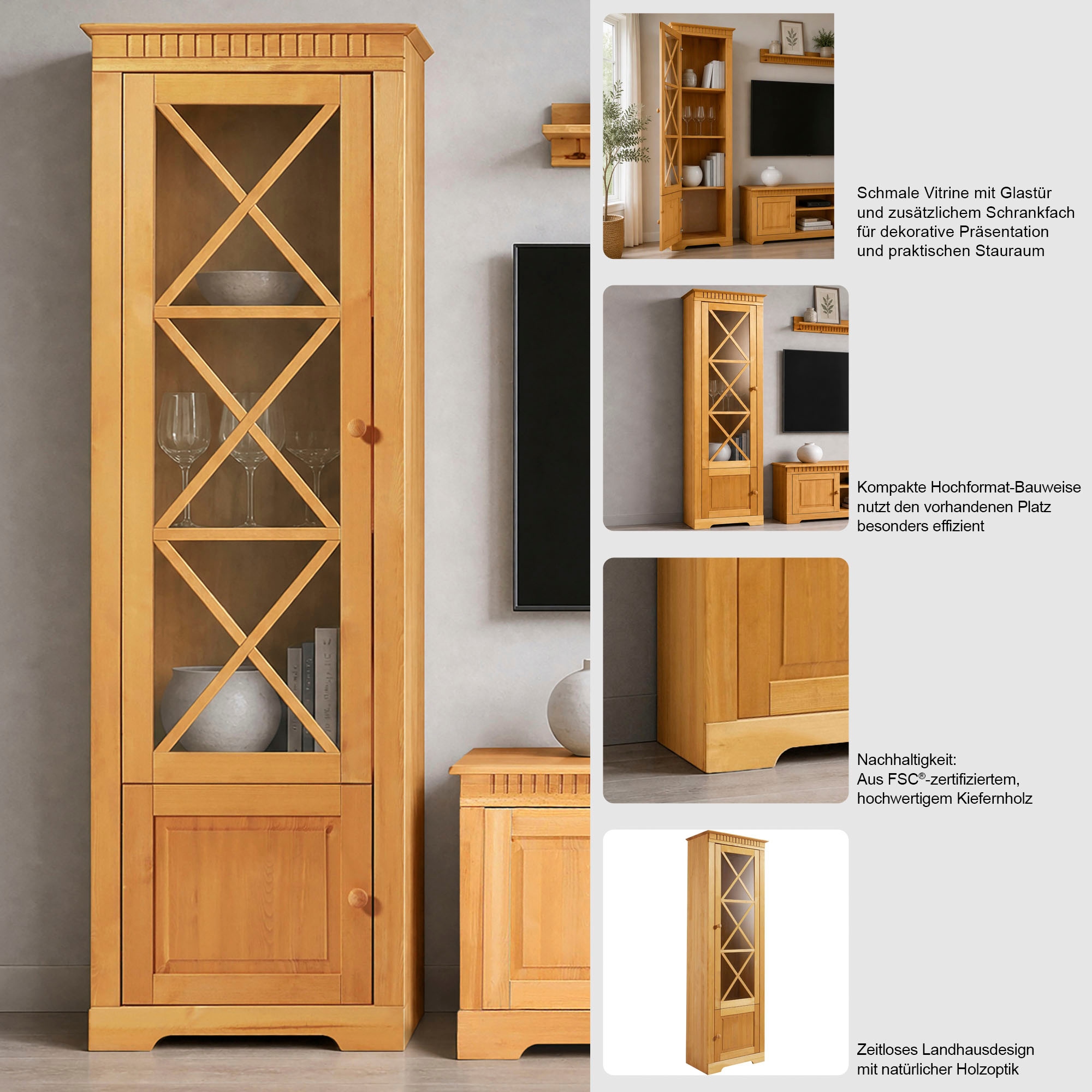 OTTO home Vitrine »Lisa Vitrinenschrank, 2 Türen, eine davon mit Glaseinsatz, Knopfgriffe« aus massivem Kiefernholz, mit einer Glastürfront, dekorative Fräsungen