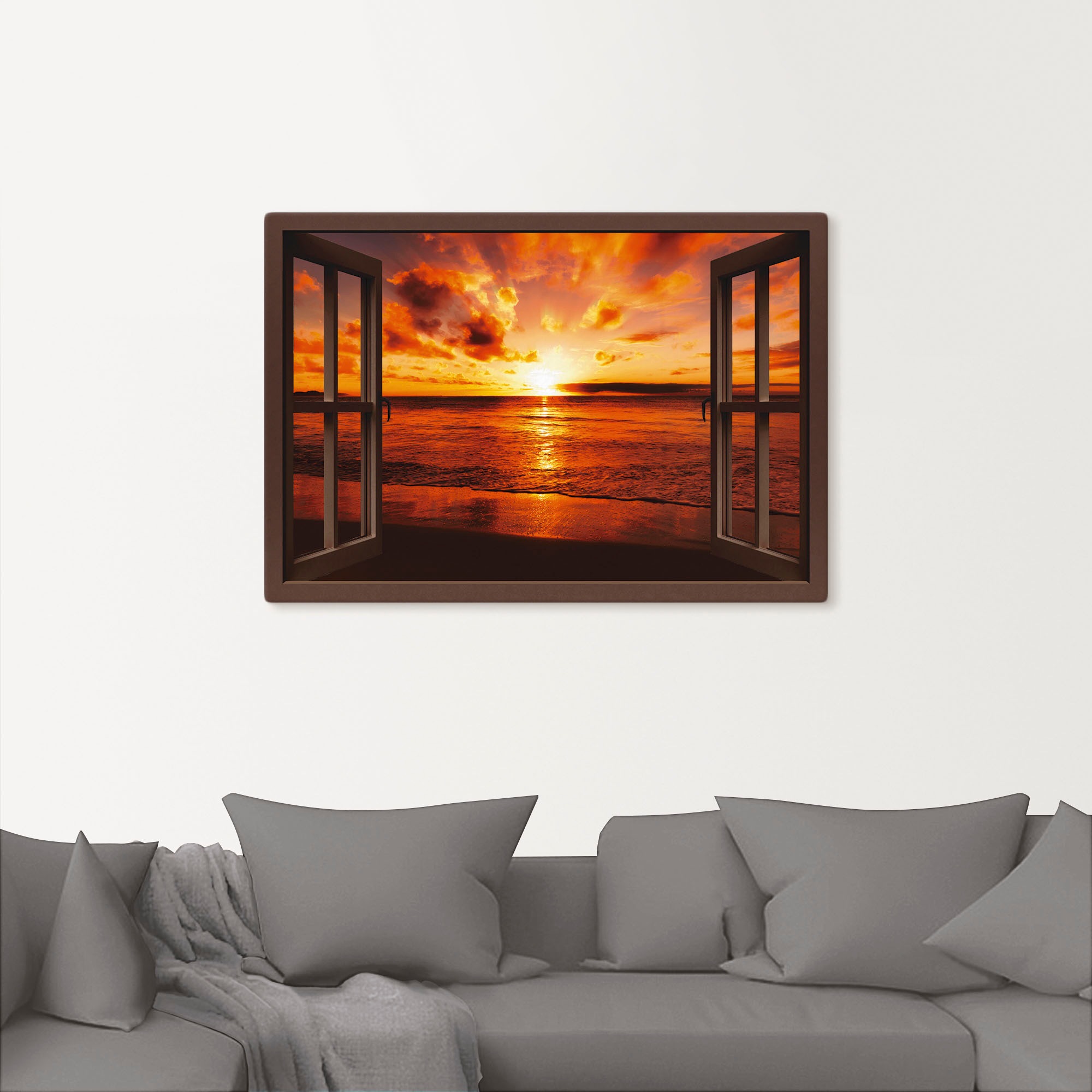 Artland Wandbild »Fensterblick Sonnenuntergang am Strand«, Fensterblick, (1 St.), als Leinwandbild, Poster, Wandaufkleber in verschied. Größen