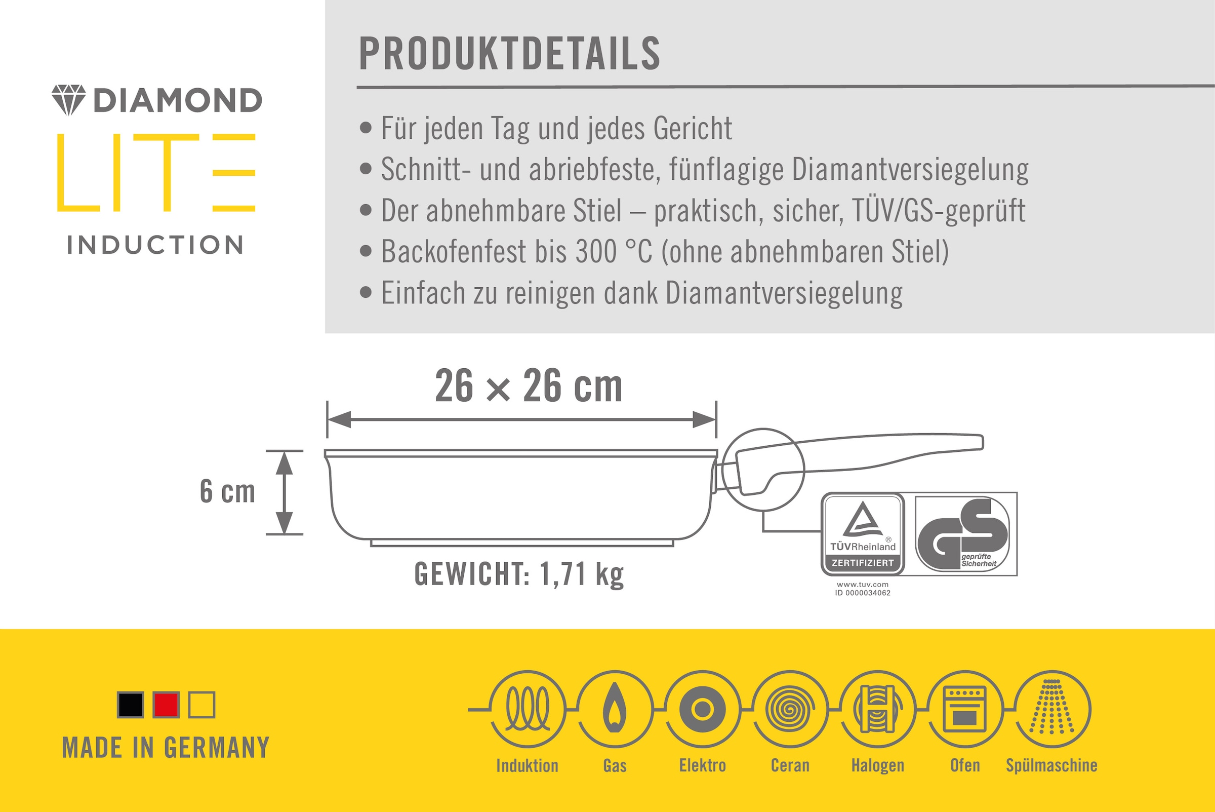 WOLL Pfannen-Set »Diamond Lite« Aluminiumguss Set, 4 Stk. tlg. Abnehmbarer Stiel, Antihaftbeschichtet