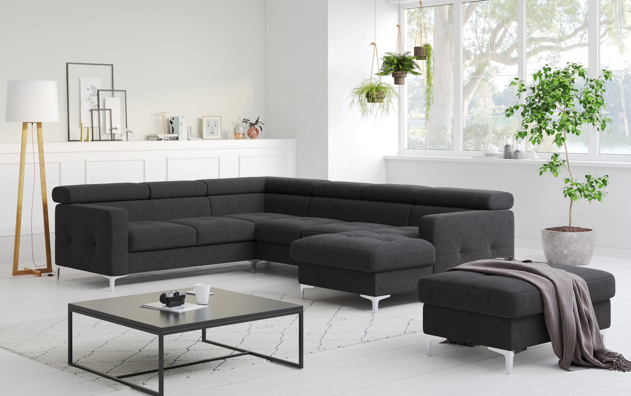 Wohnlandschaft COTTA, B:304cm H:74cm T:240cm, schwarz, NaturLEDER, die Rückseite ist mit schwarzem und die Liegefläche der Bettfunktion ist mit