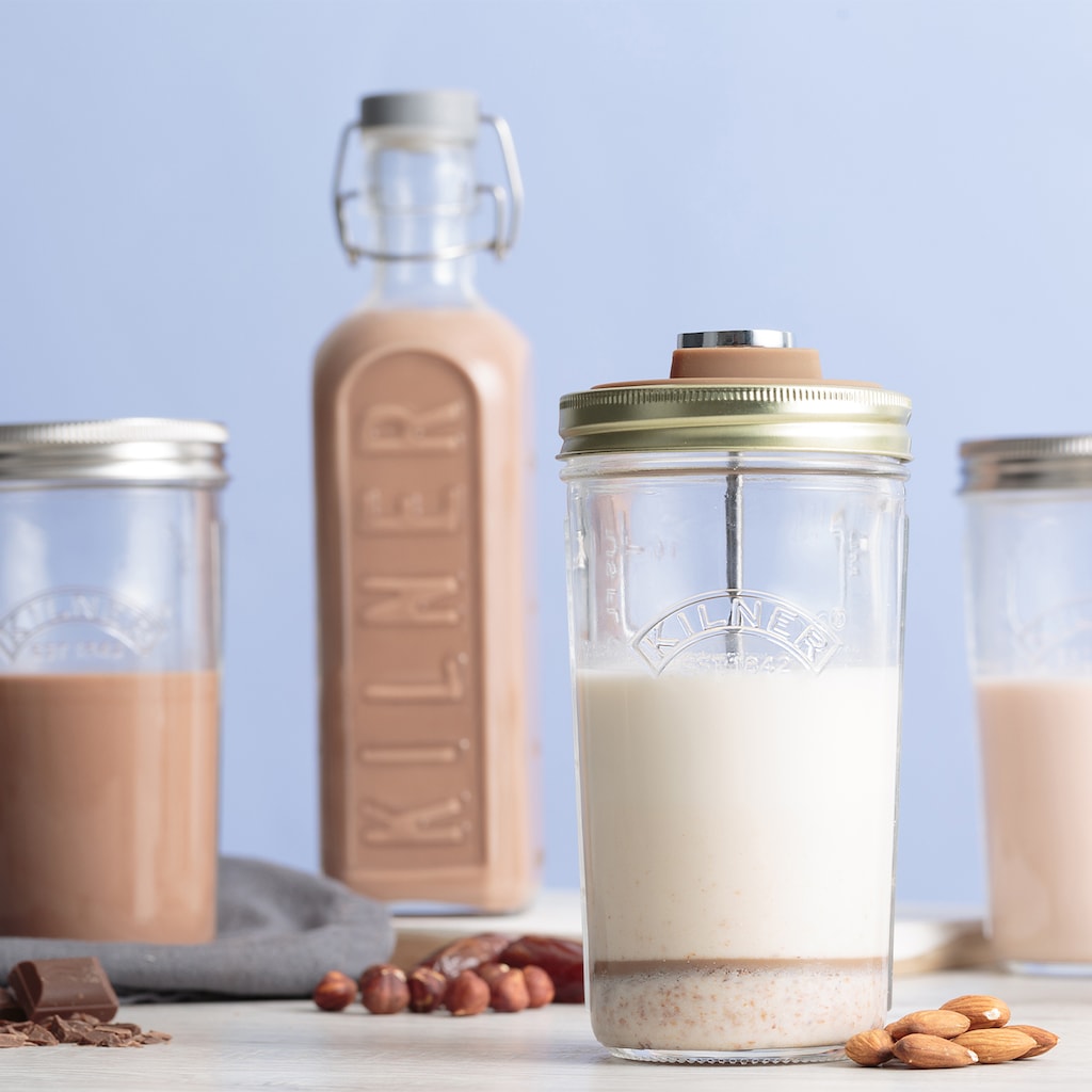 KILNER Protein Shaker, (Set, 4 tlg.), für Nussmilch, mit Spritzschutz, Kolben und 2 Gläsern á 0,5 L