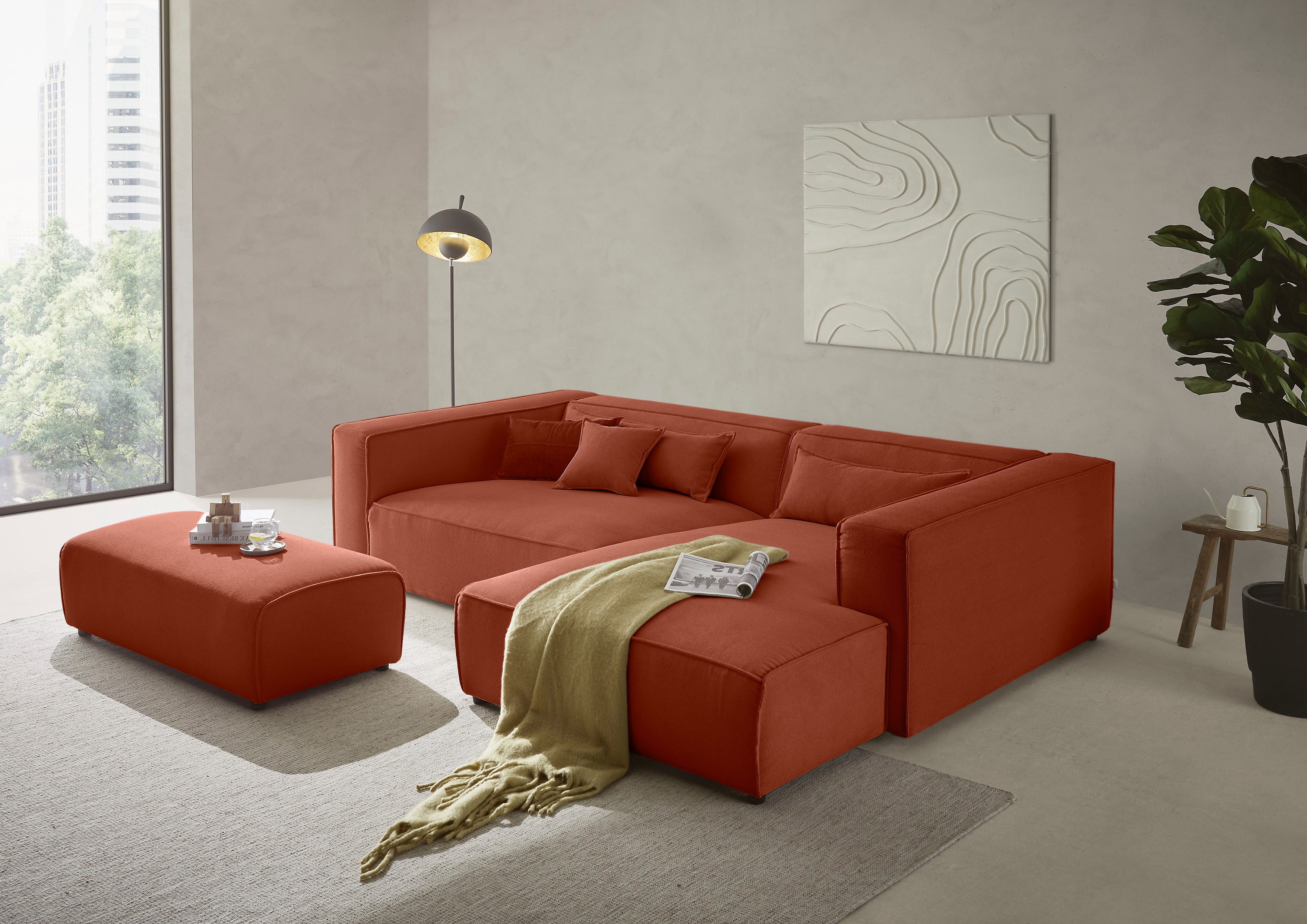 LeGer Home by Lena Gercke Ecksofa "PIARA XXL Struktur u. Leinenoptik, L-Form, Schlaffunktion" Hocker stellbar zum Schlafsofa (Krokodilverbinder), tiefe Sitzfläche
