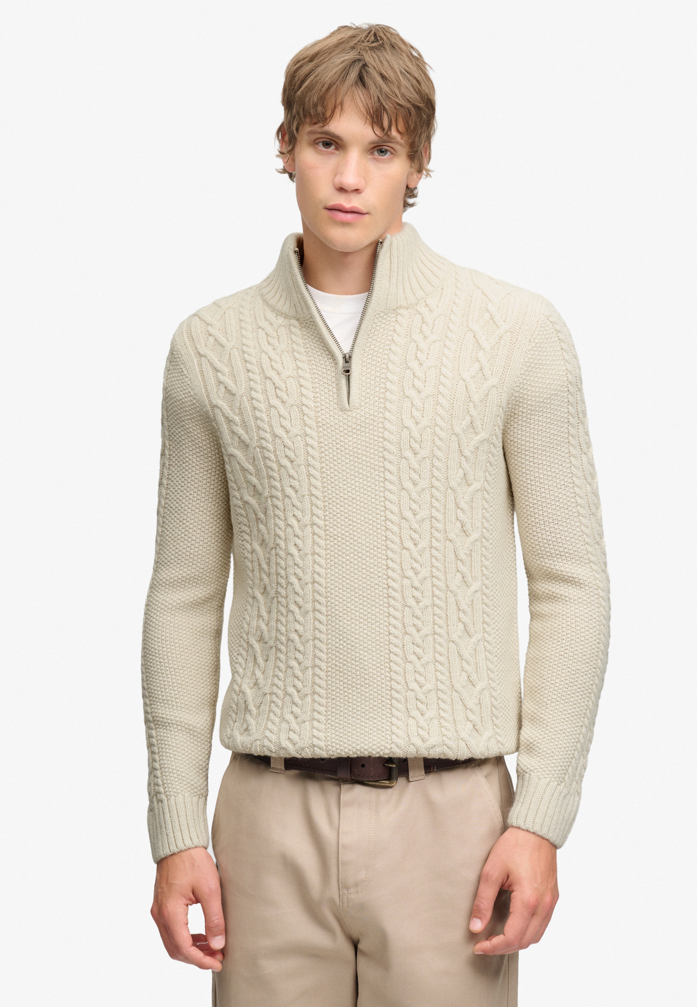Superdry Strickpullover »JACOB CABLE HALF ZIP KNIT« Materialmix, slim fit