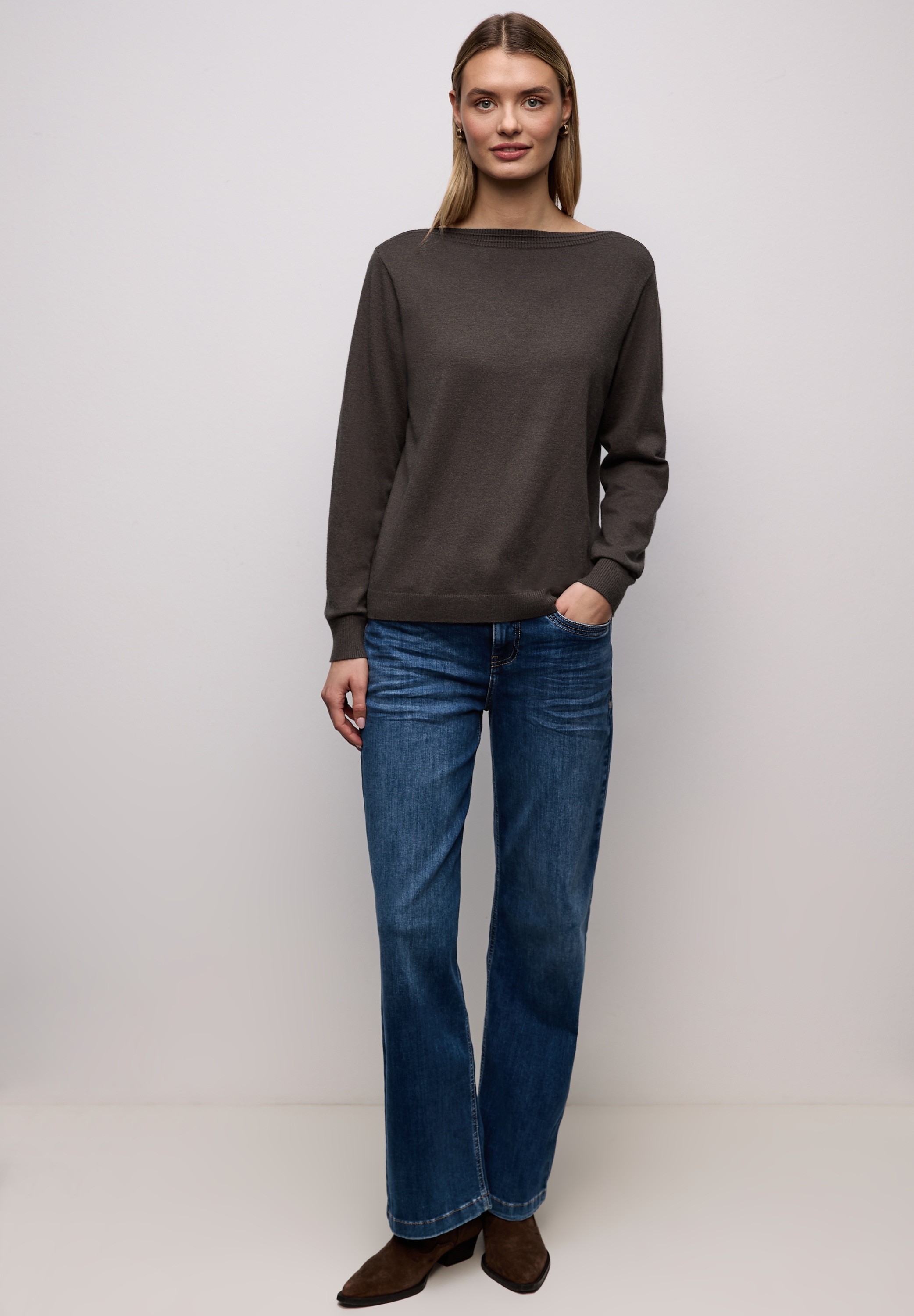 Strickpullover STREET ONE, Damen, Gr. 34, rustic braun meliert, Stoff, 50% Viskose, 28% Polyester, 22% Polyamid, unifarben, comfort fit normal, U-Boot-Ausschnitt, Bündchen, Pullover Strickpullover, mit U-Boot-Ausschnitt 2