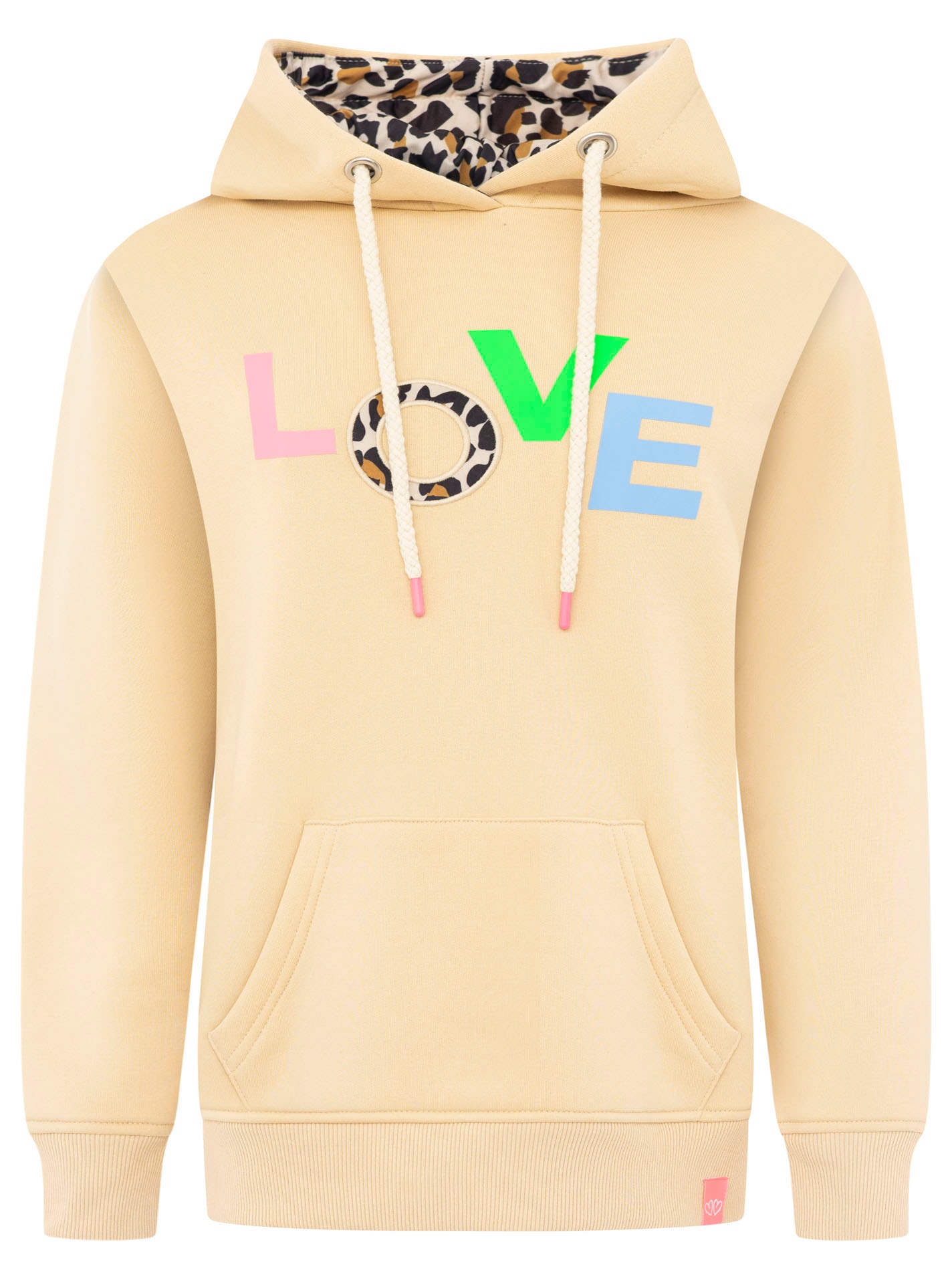 Zwillingsherz Hoodie »"LOVE"«, Kapuzeninnenseite mit Leomuster, großer Print, Kängurutasche
