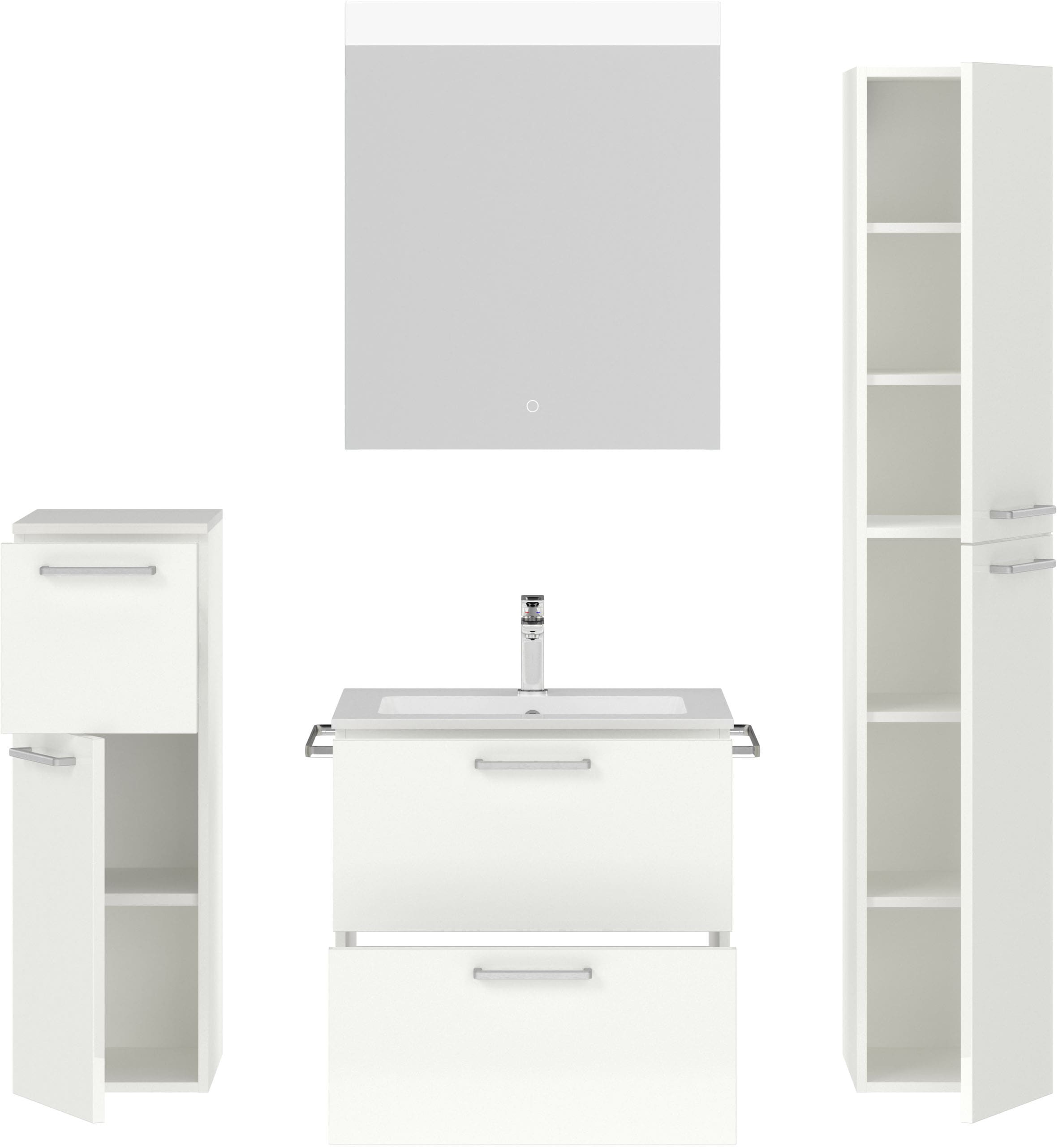 nobilia® Badmöbel-Set »Tolvina«, (4 St., vormontiert, mit Soft-Close), Hochglanz, inkl. Spiegel mit Touch-Sensor, in vier Breiten