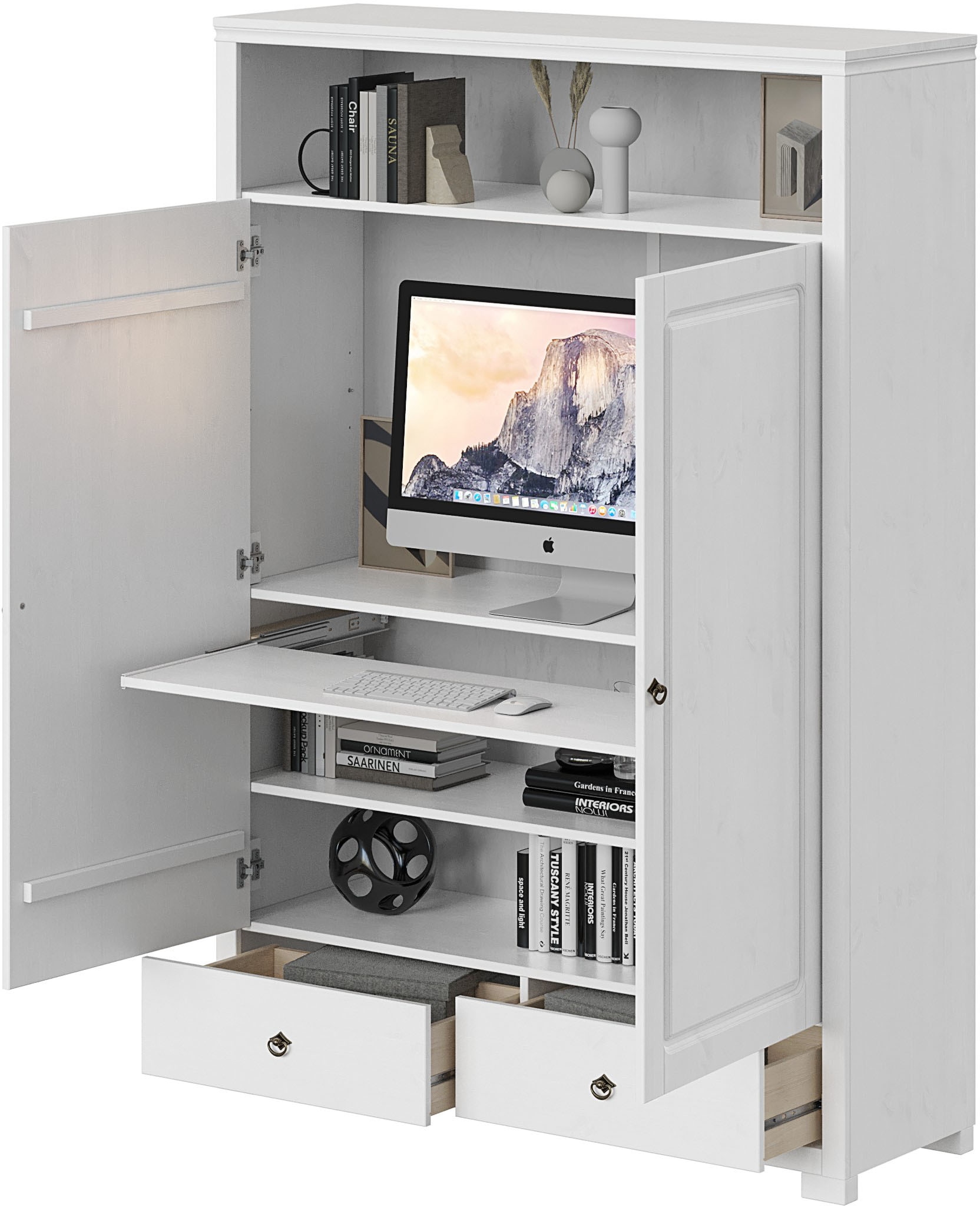 OTTO home Wäscheschrank "Gotland Home Office Schrank, Mehrzweckschrank, Büroschrank" H/B/T ca. 180/125/40cm, mit Ausziehregal, Schublade, stabil + langlebig, Massivholz made in EU