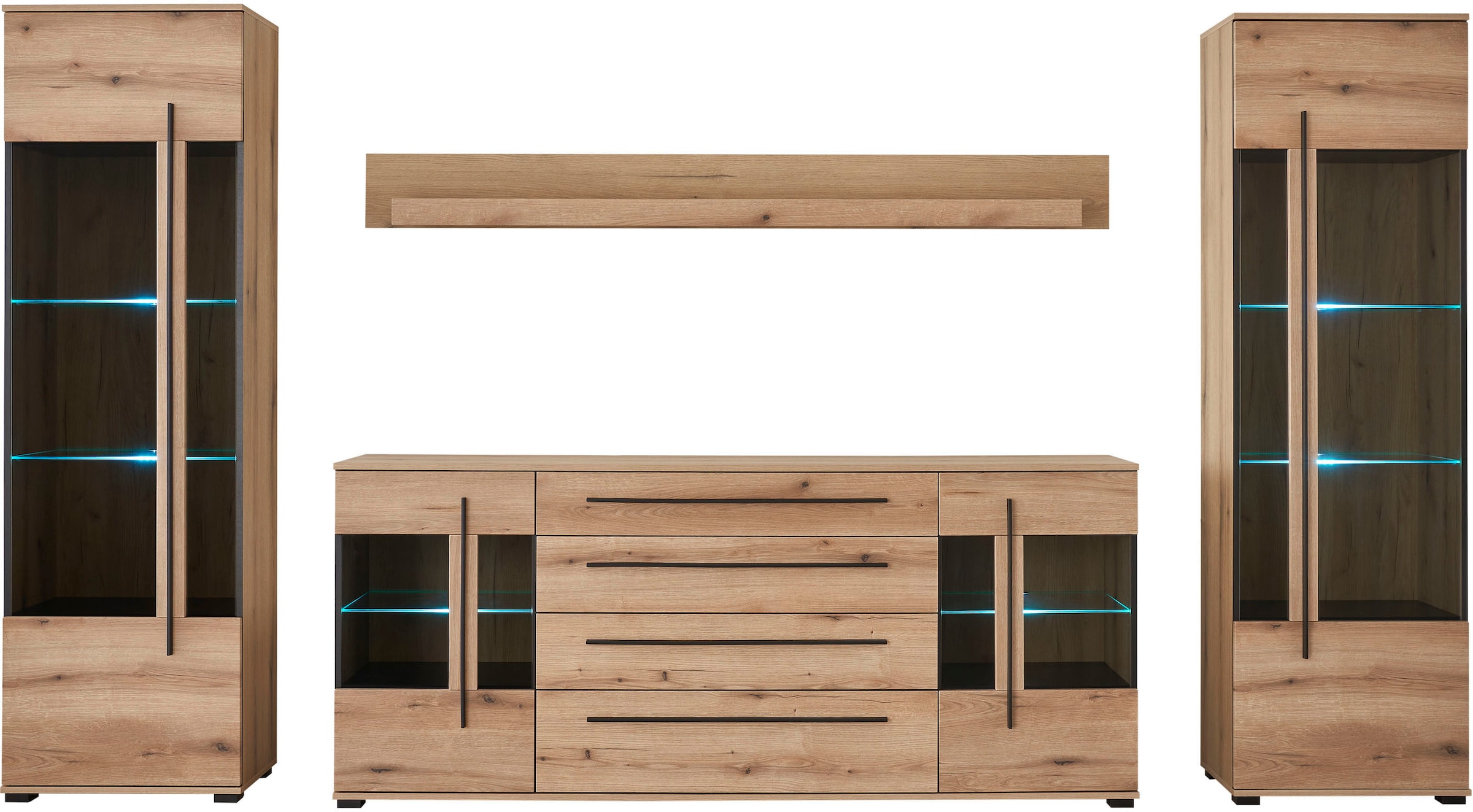 INOSIGN Wohnwand »Cantara, moderne Anbauwand, Wohnzimmer-Set, in Eiche Evoke oder Weiß«, (Set), enthält zwei Vitrinen, ein Sideboard und ein Wandboard