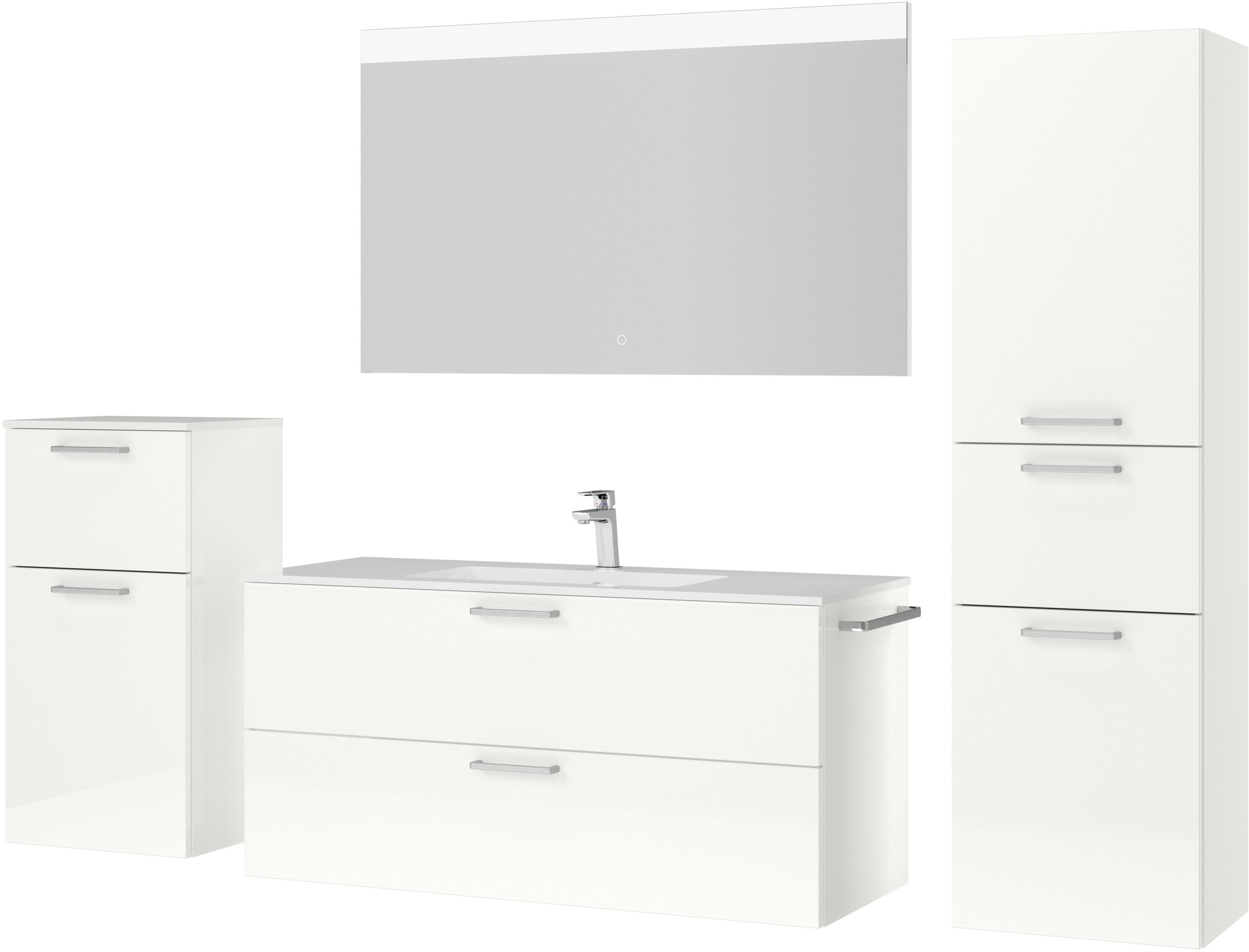 nobilia® Badmöbel-Set »Tolvina«, (4 St., vormontiert, mit Soft-Close), Hochglanz, inkl. Spiegel mit Touch-Sensor, in vier Breiten