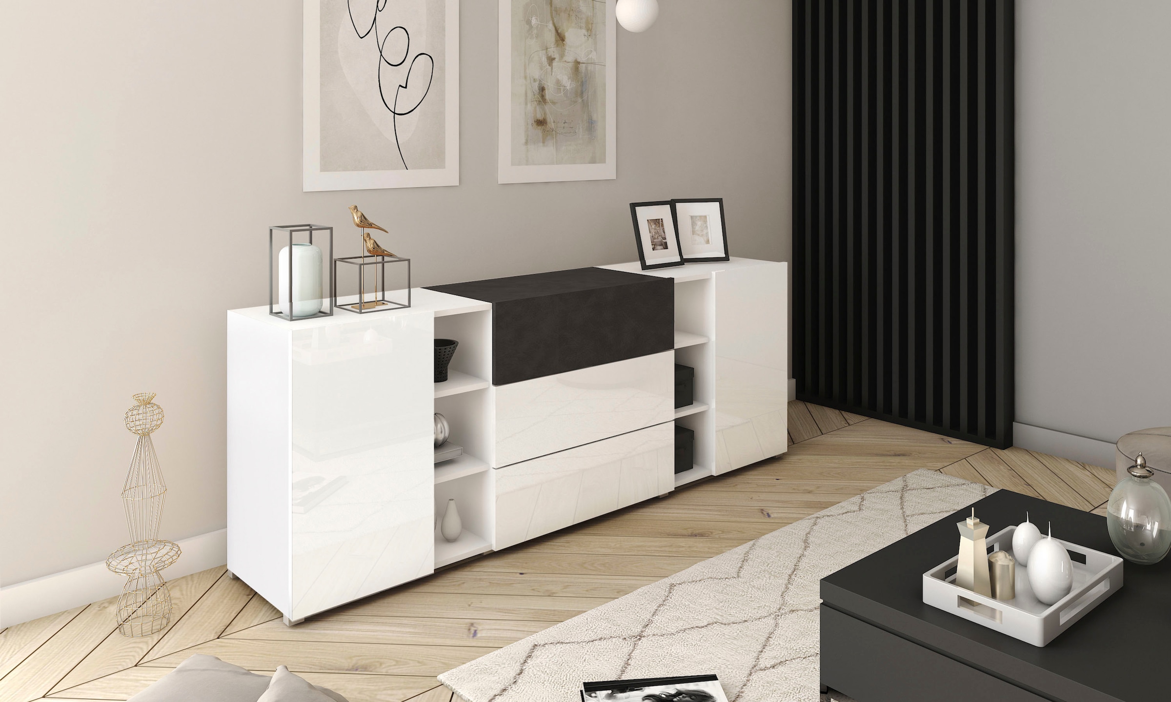 INOSIGN Sideboard "BERLIN", Moderne grifflose Kommode Breite 190 cm, offene Fächern/ Schubladen