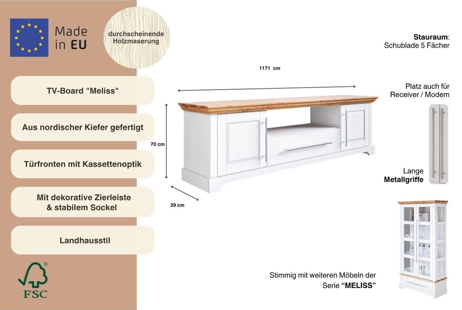 Thumbnail - OTTO home TV-Board "Meliss" Lowboard, 2-türig, Breite 171 cm, Kiefer massiv, FSC