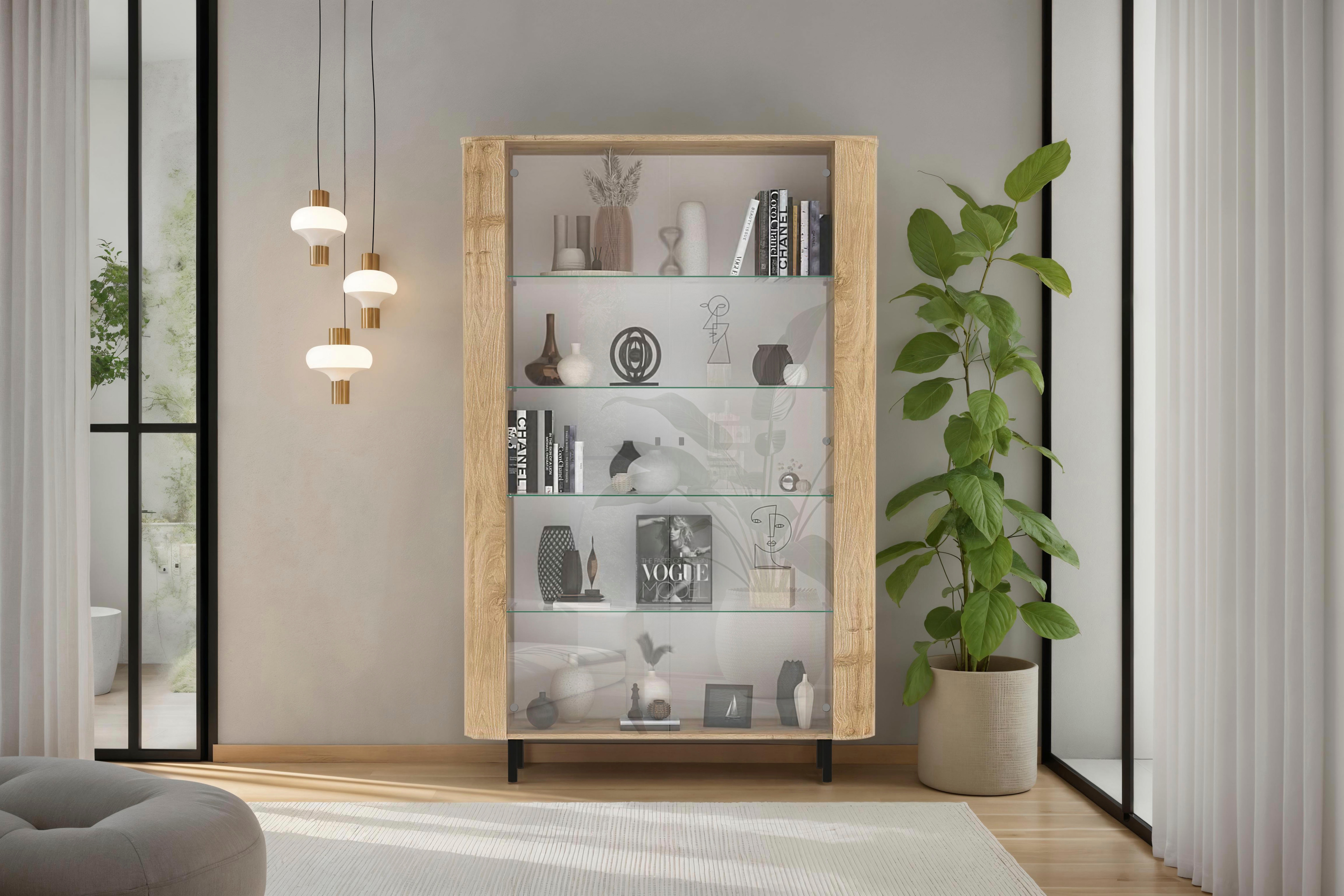 Home affaire Vitrine "Murano, Standvitrine H 200 cm, B 131 cm, 2 Türen, Vitrinenschrank" Formgebogenes MDF, Stirnseiten mit Rundung, Metallfüße, stilvoll