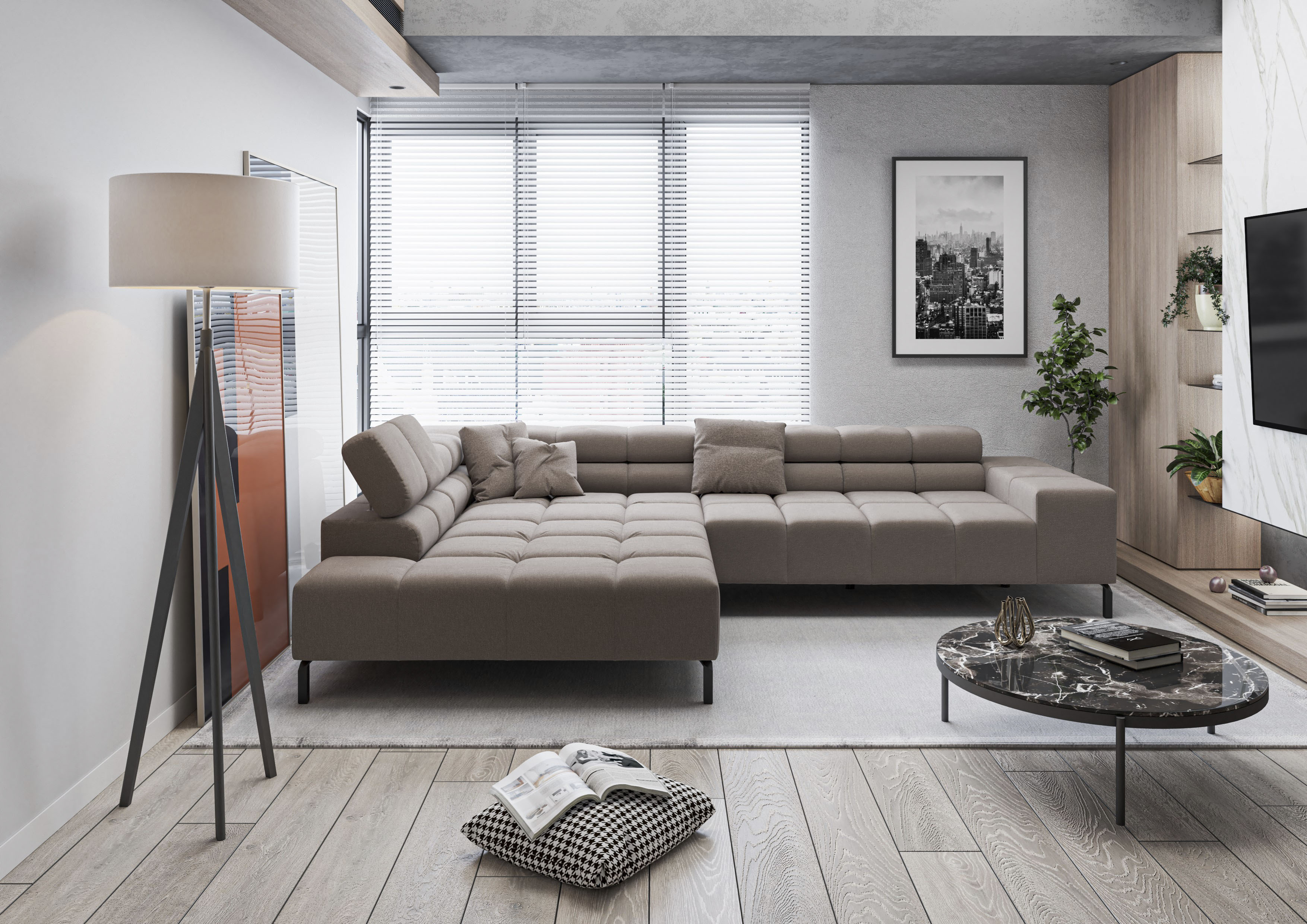 Home affaire Ecksofa "Ancona New, wahlweise motorische Sitztiefenverstellung, auch in Cord" feine Steppung, mit Kopfteilverstellung, 3 Zierkissen, L-Form