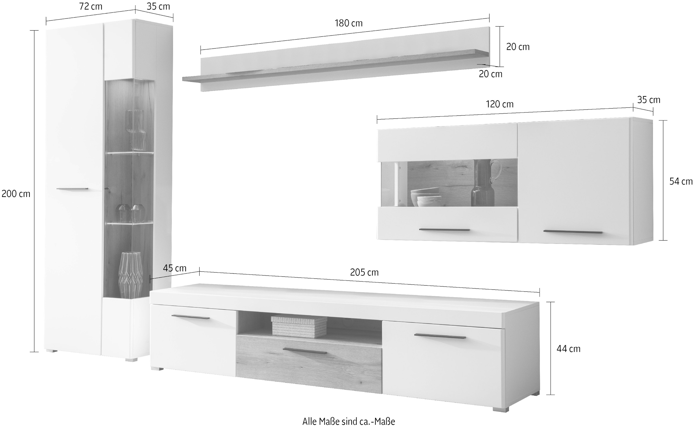 INOSIGN Wohnwand »Salerno, moderne Anbauwand, Wohnzimmer-Set, Weiß mit Eiche Evoke Dekor«, (Set, 4 St.), enthält Hängevitrine, Vitrine, Lowboard + Wandboard, Metallgriffe