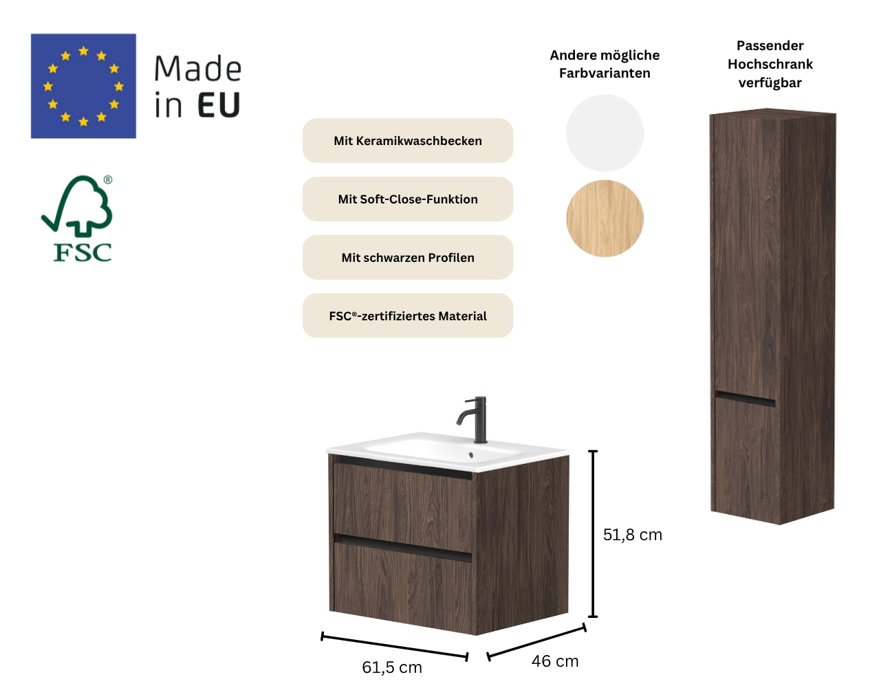 welltime Waschtisch »City, Badmöbel, Badkommode, Badschrank, in verschiedenen Breiten« B/T/H: 81,5/46/51,5 cm,  mit Soft-Close-Funktion, inklusive Waschbecken, FSC® zertifiziert