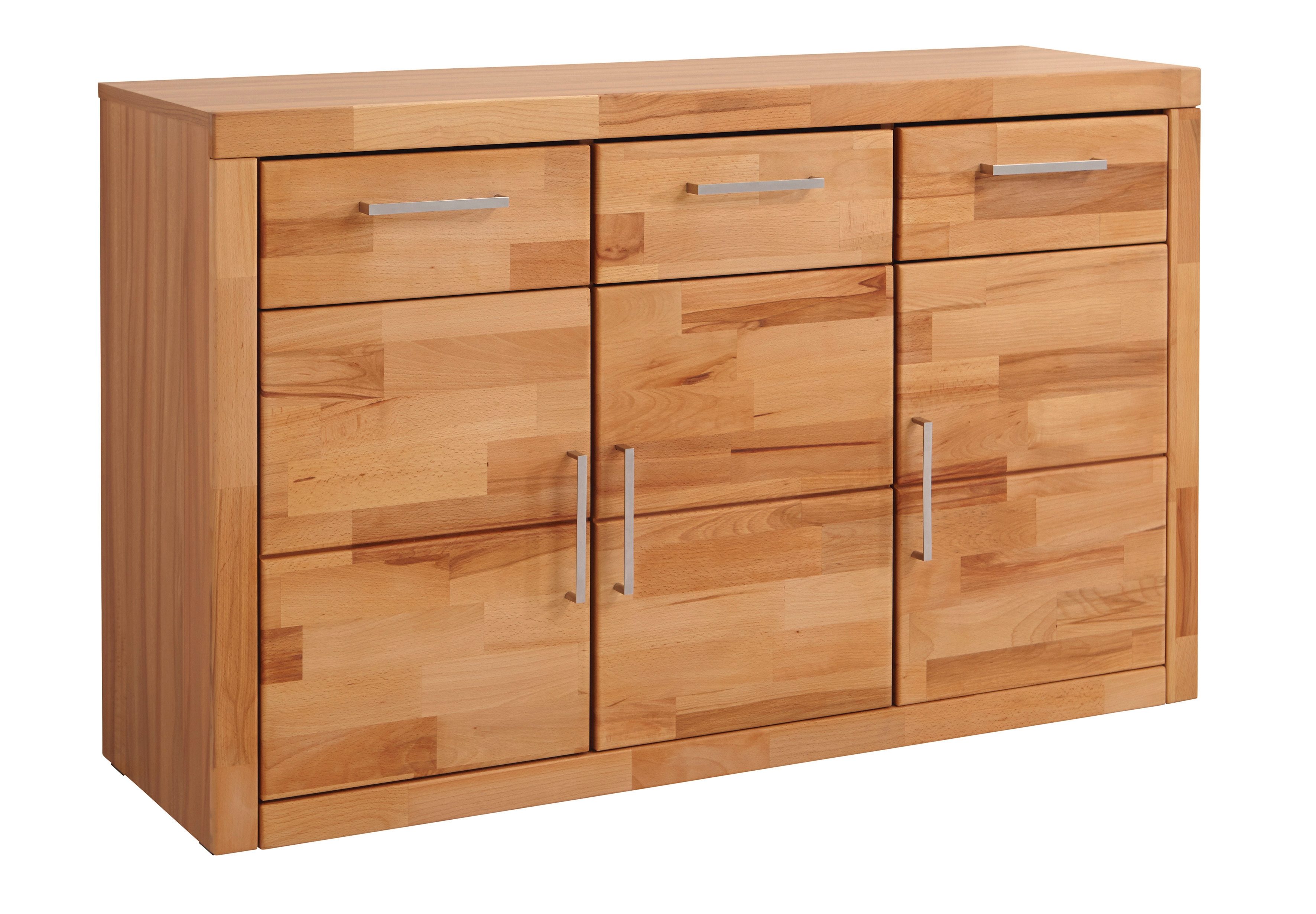 OTTO home Sideboard "Logo,130cm breit,42 cm tief, Fronten Massivholz,2 breite Fächer" Holz massiv, Holzwerkstoff, Metall Griffe,3Türen,3Schubladen