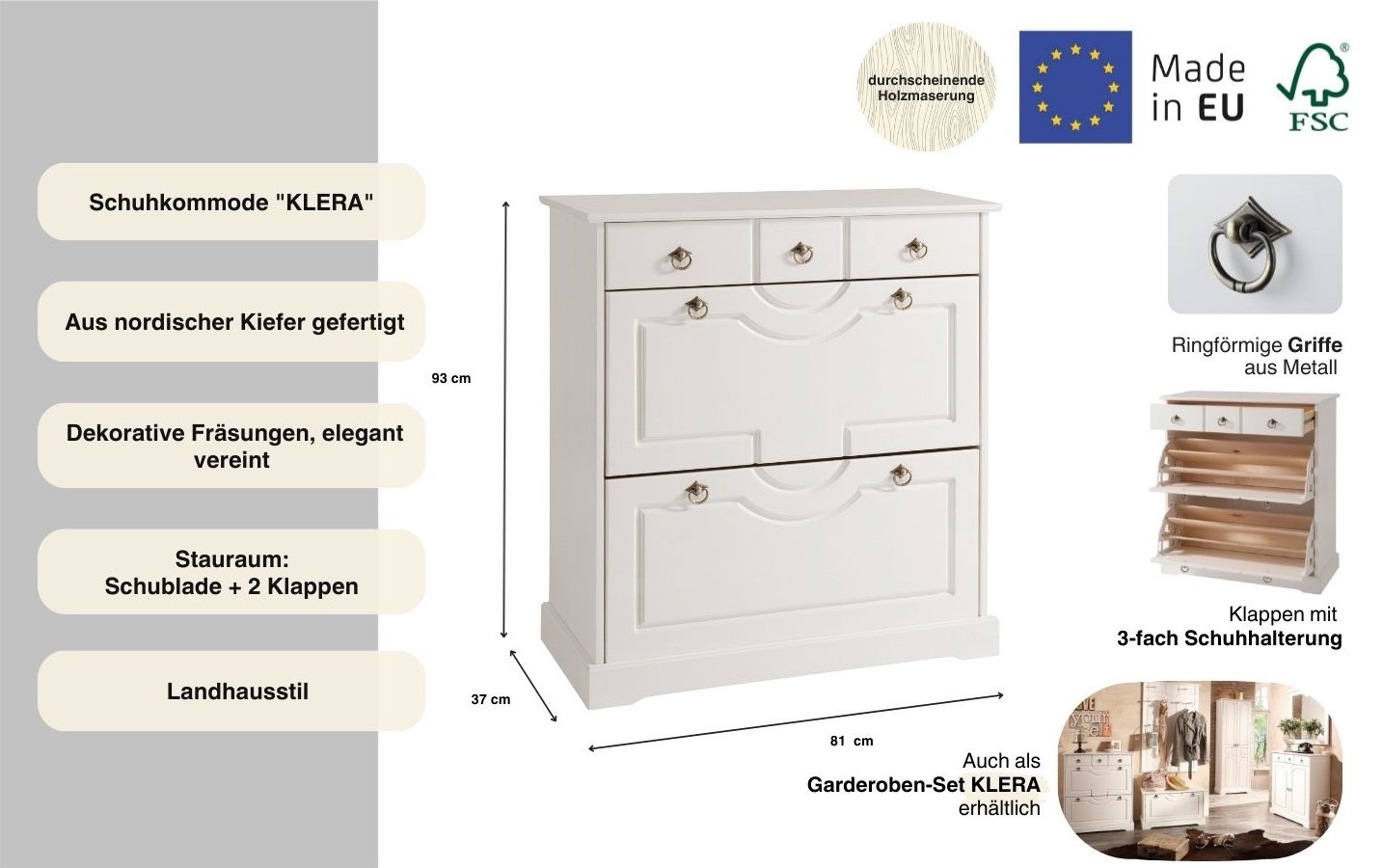Home affaire Schuhkommode »Klera«, Breite 81 cm, aus massiver Kiefer, FSC®-zertifiziert