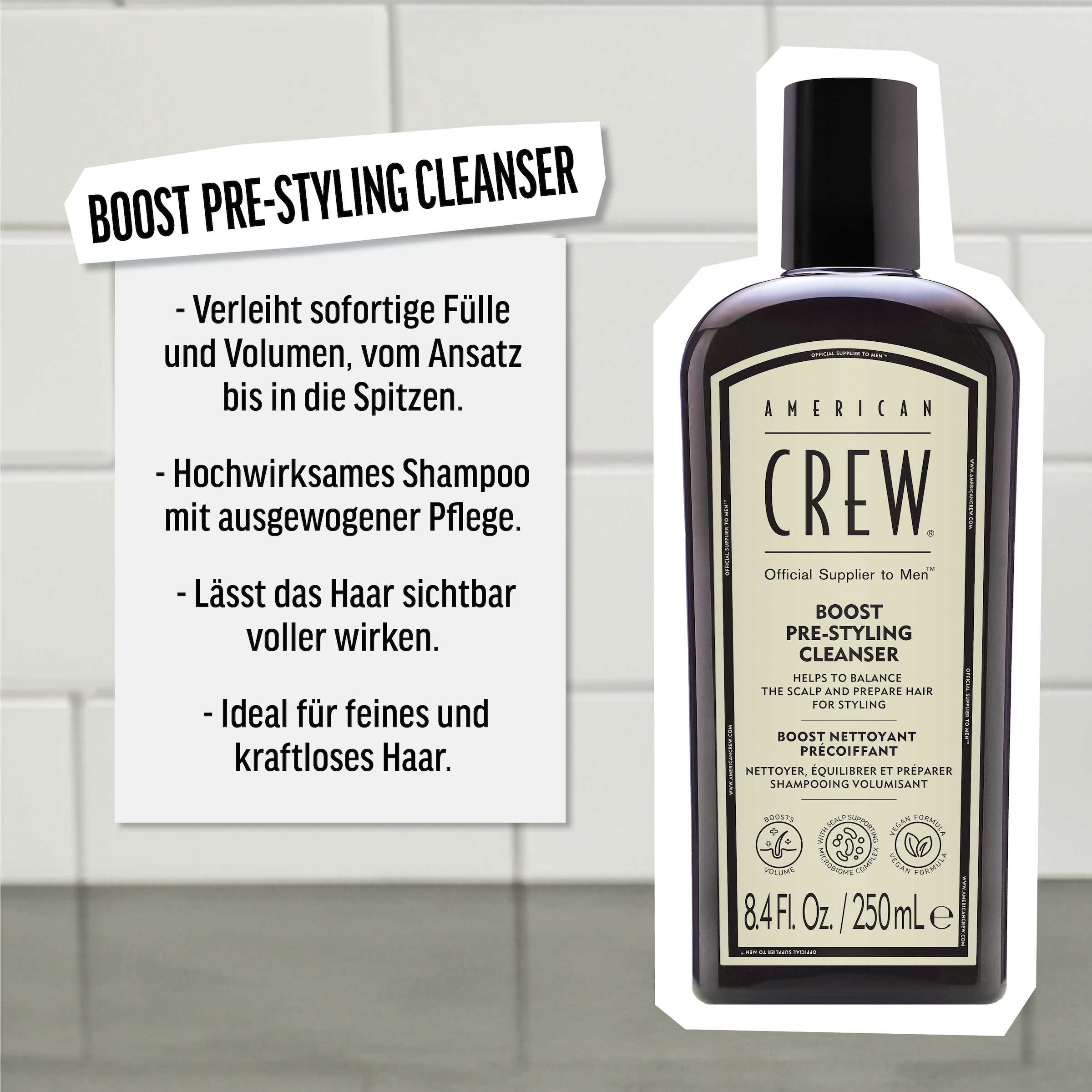 American Crew Haarshampoo »Boost Pre-Styling Cleanser Shampoo 250ml«, (1 tlg.), Vegan, ohne Silikone & Sulfate.