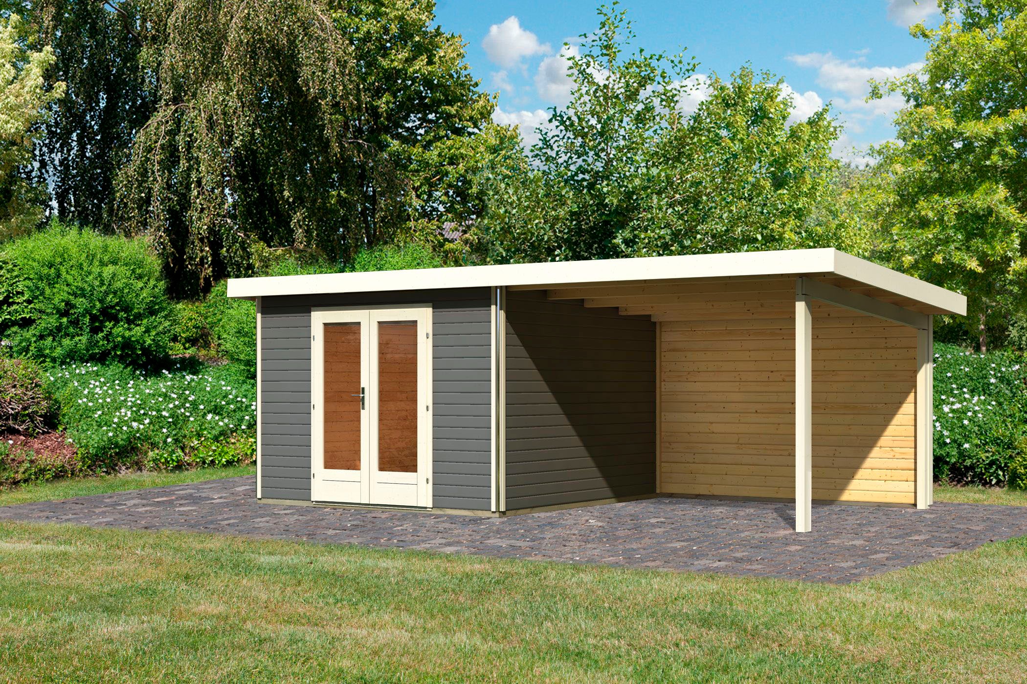 KONIFERA Gartenhaus "Rabensee 1", mit Anbaudach 3,30 m, Rückwand, terragrau günstig online kaufen