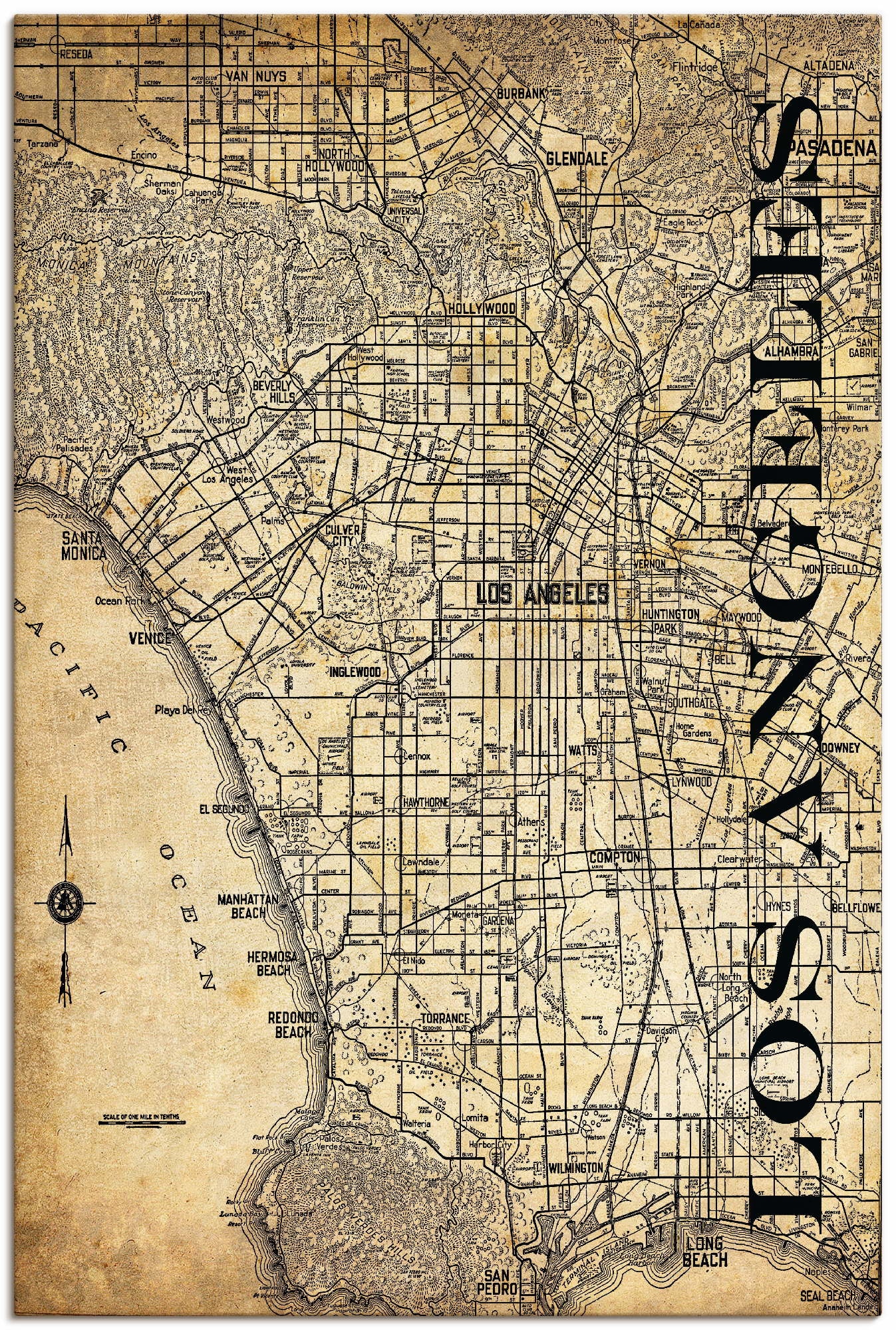 Artland Leinwandbild "Los Angeles Karte Straßen Karte Sepia", Amerika, (1 St.), auf Keilrahmen gespannt
