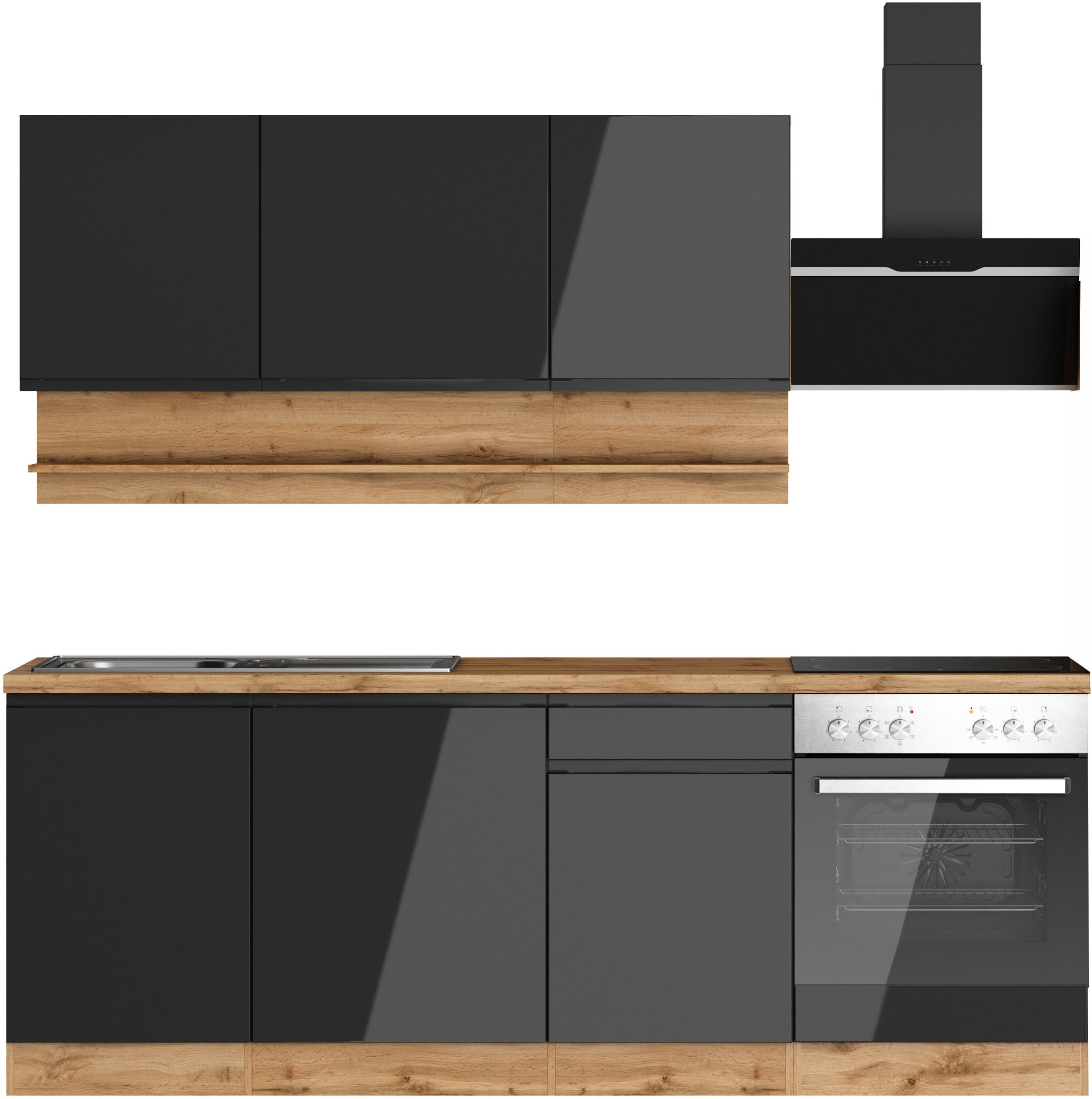 KOCHSTATION Küchenzeile "KS-Virginia,neu in verbesserter Ausführung" Arbeitsplatte 38 mm stark, Stauraum, Softclose, Breite 220 cm, Soft-Close, wahlweise mit E-Geräten