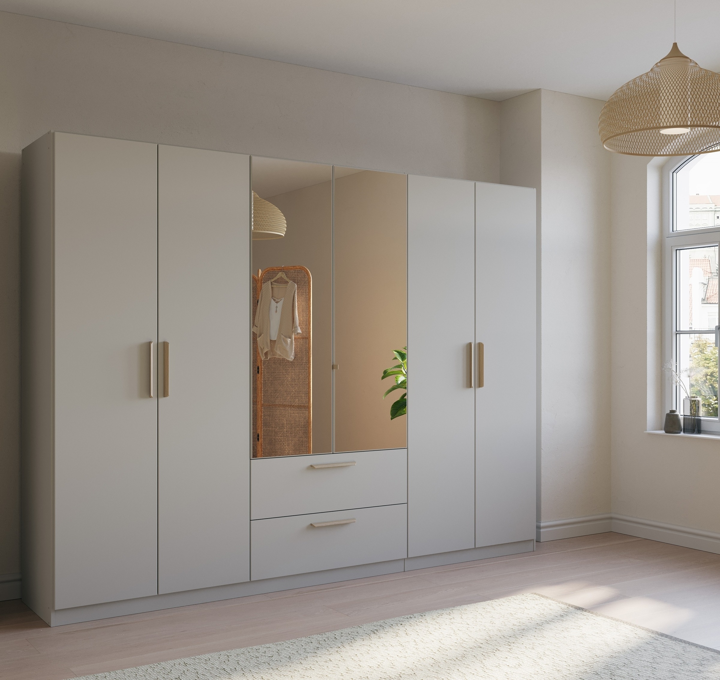 rauch Kleiderschrank »Skandi by Quadra Spin Schlafzimmerschrank«, im Landhaus-Stil mit Massivholzgriffen, mit Schubladen und Spiegel