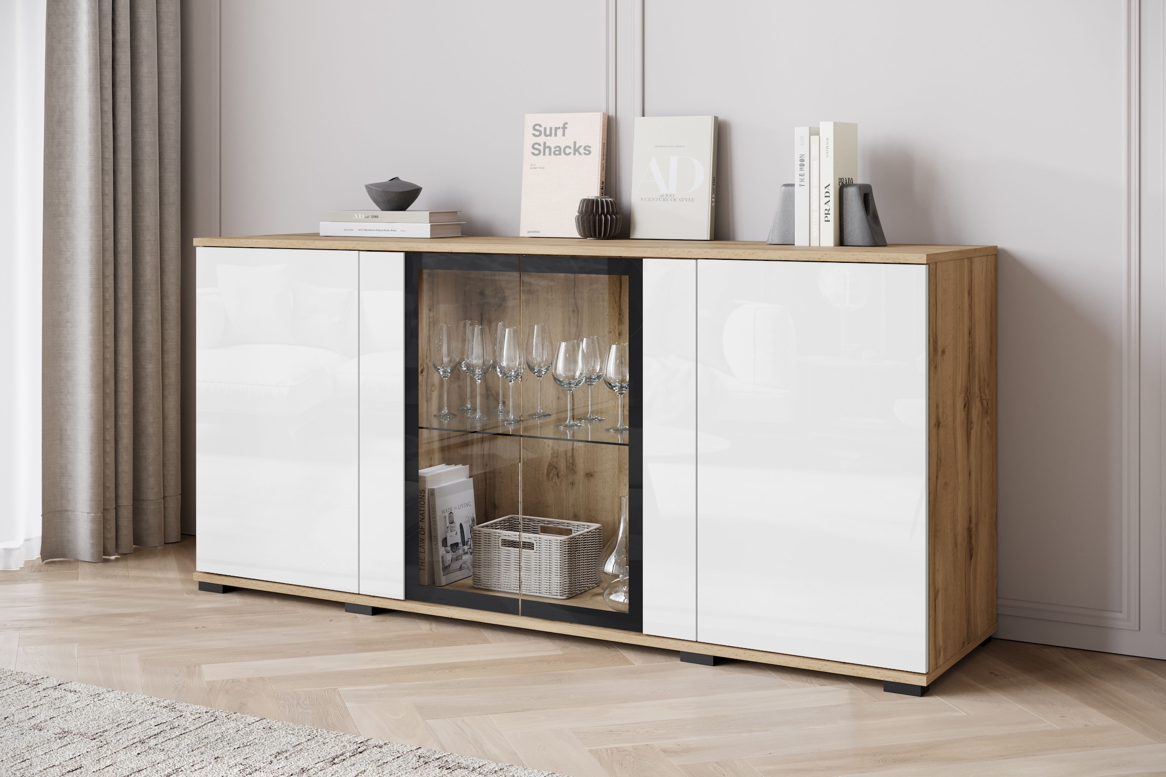 INOSIGN Sideboard »Caro, modernes Design mit Glaseinsätzen, Breite 150 cm«, (1 St.), Grifflose Fronten mit Push-to-Open, höhenverstellbare Einlegeböden