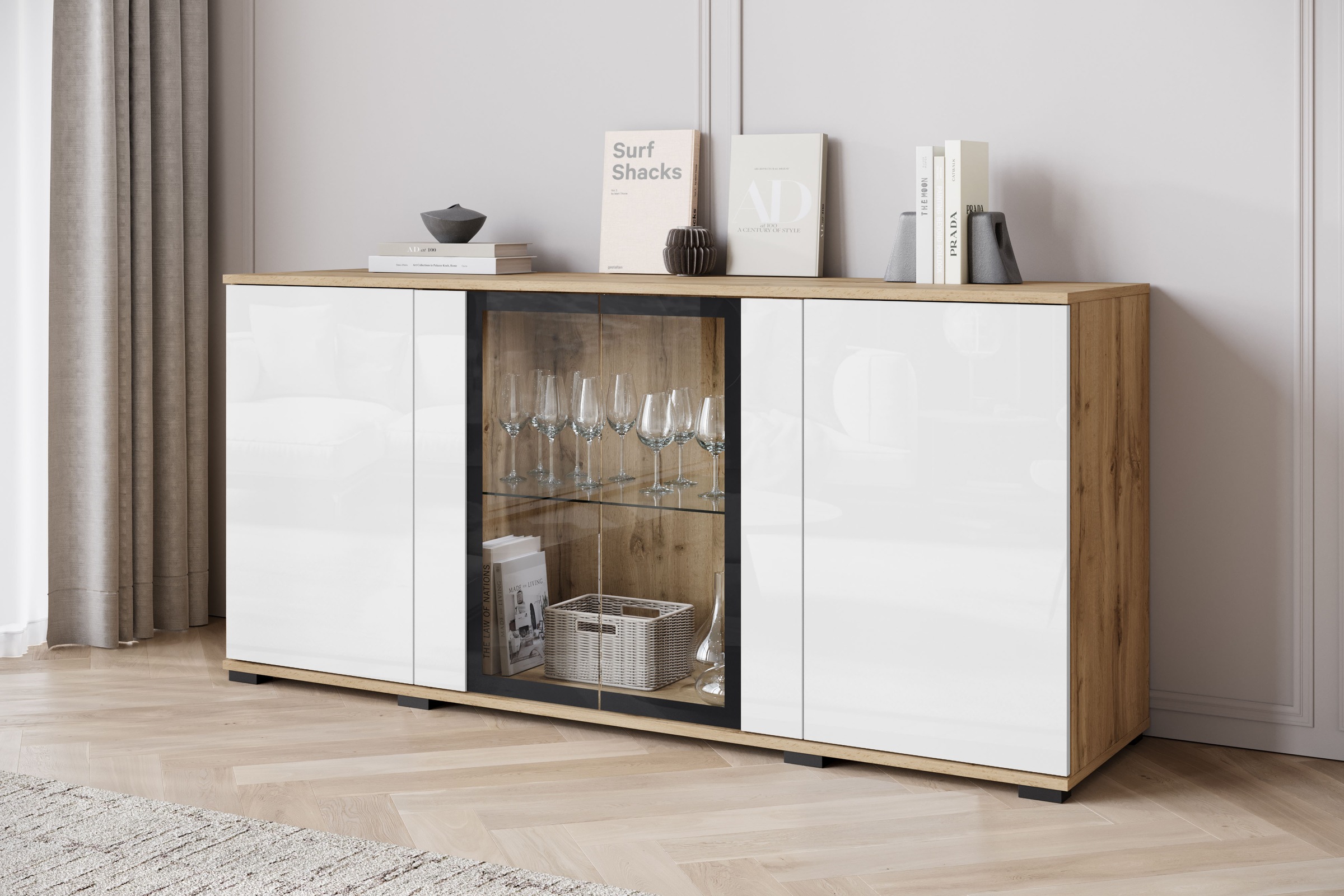 Thumbnail - Home affaire Sideboard "Caro, modernes Design mit Glaseinsätzen, Breite 150 cm" 1 Stk. tlg. Grifflose Fronten mit Push-t...
