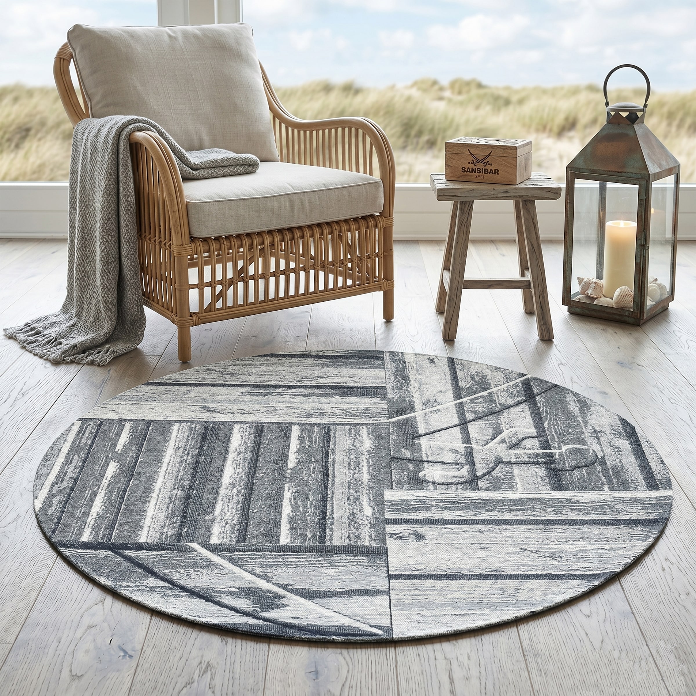 Sansibar Teppich "Keitum 010" rund 3 mm Höhe Flachgewebe, modernes Holz Design, Motiv, gekreuzte Säbel