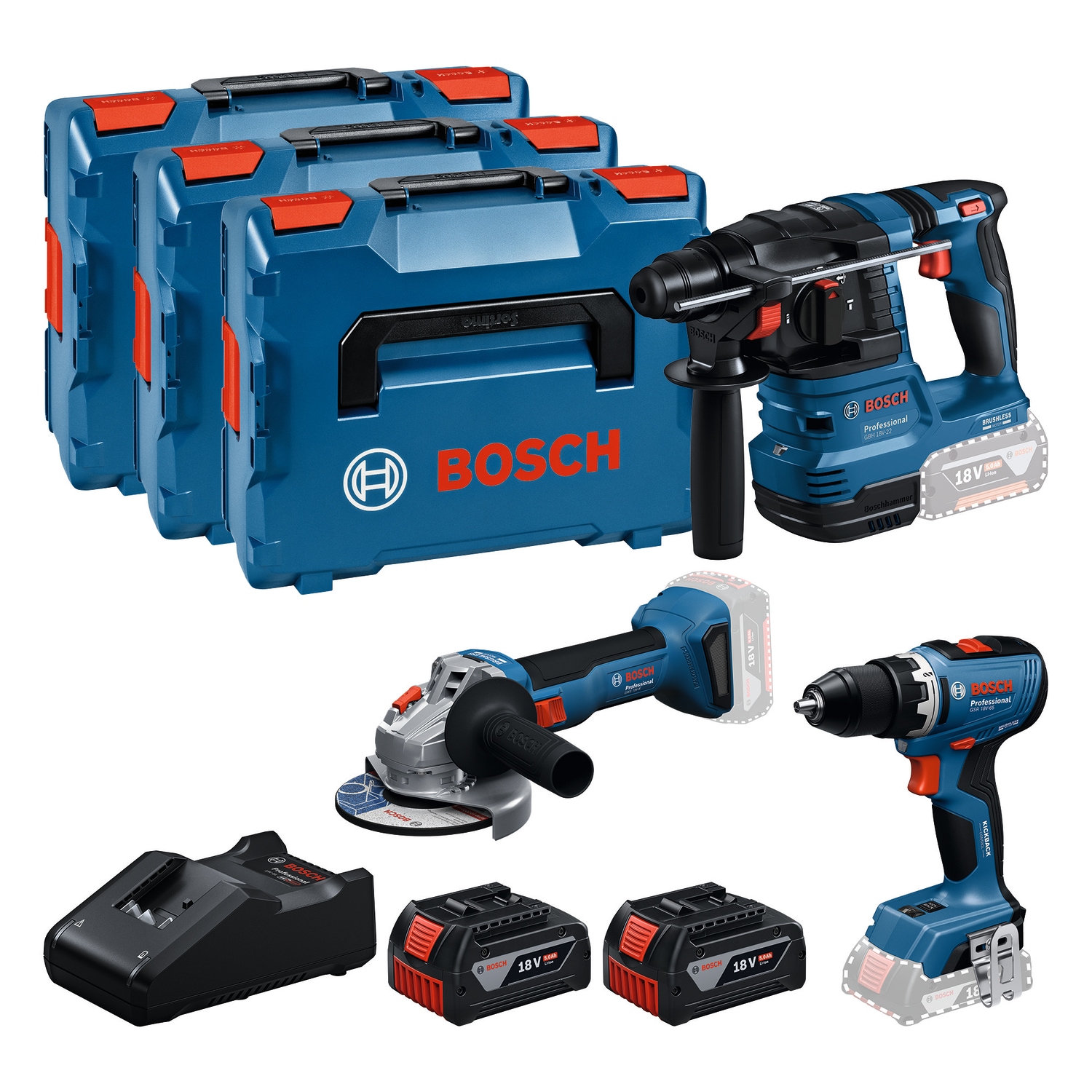Akku-Bohrschrauber "Combo Kit 18V Profi-Set", blau, BOSCH PROFESSIONAL, Bohrmaschinen, inkl. Bohrhammer, Winkelschleifer, 2 Akkus, Lagegerät und 3