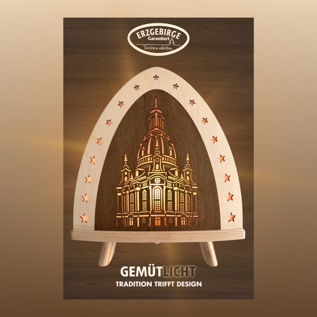 Weigla LED Dekolicht "Dresdner Frauenkirche, Dekolampe aus Holz, NATUR-BRAUN" E14 Holzkunst aus dem Erzgebirge