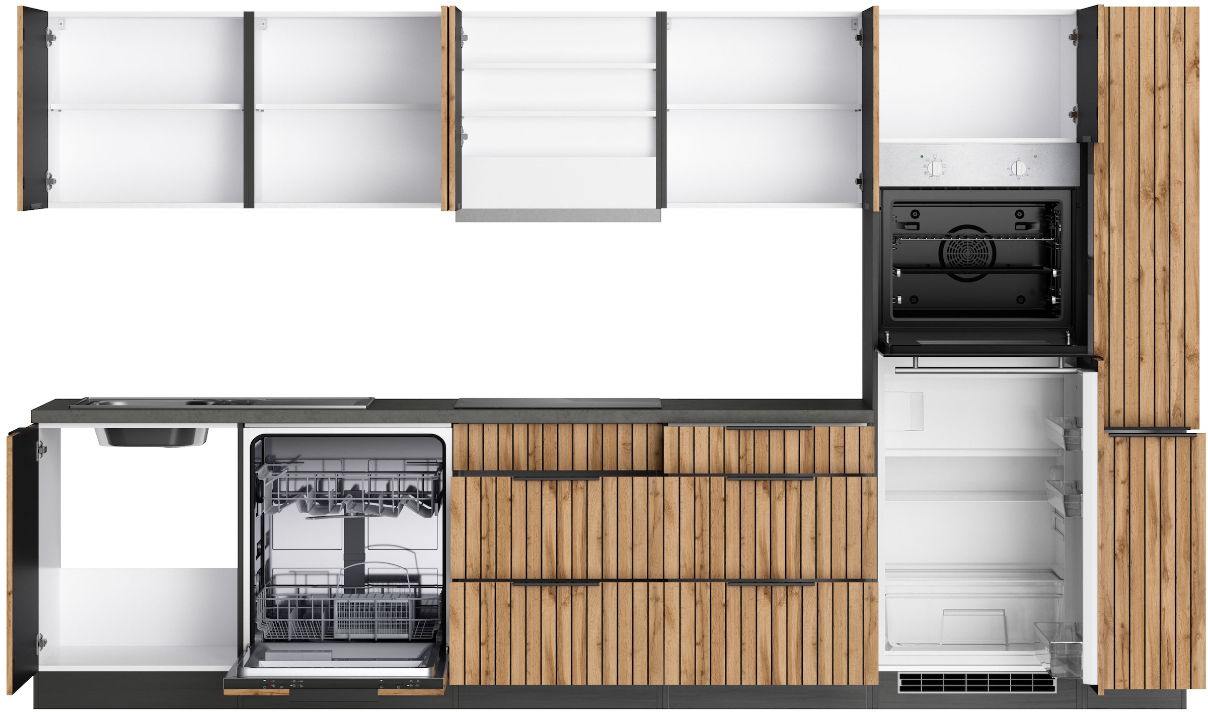 KOCHSTATION Küchenzeile »KS-Lagos, wahlweise mit E-Geräten, Spüle edelstahl oder schwarz«, Breite 330cm, Ceran-oder Induktionskochfeld,mit oder ohne Kühlschrank