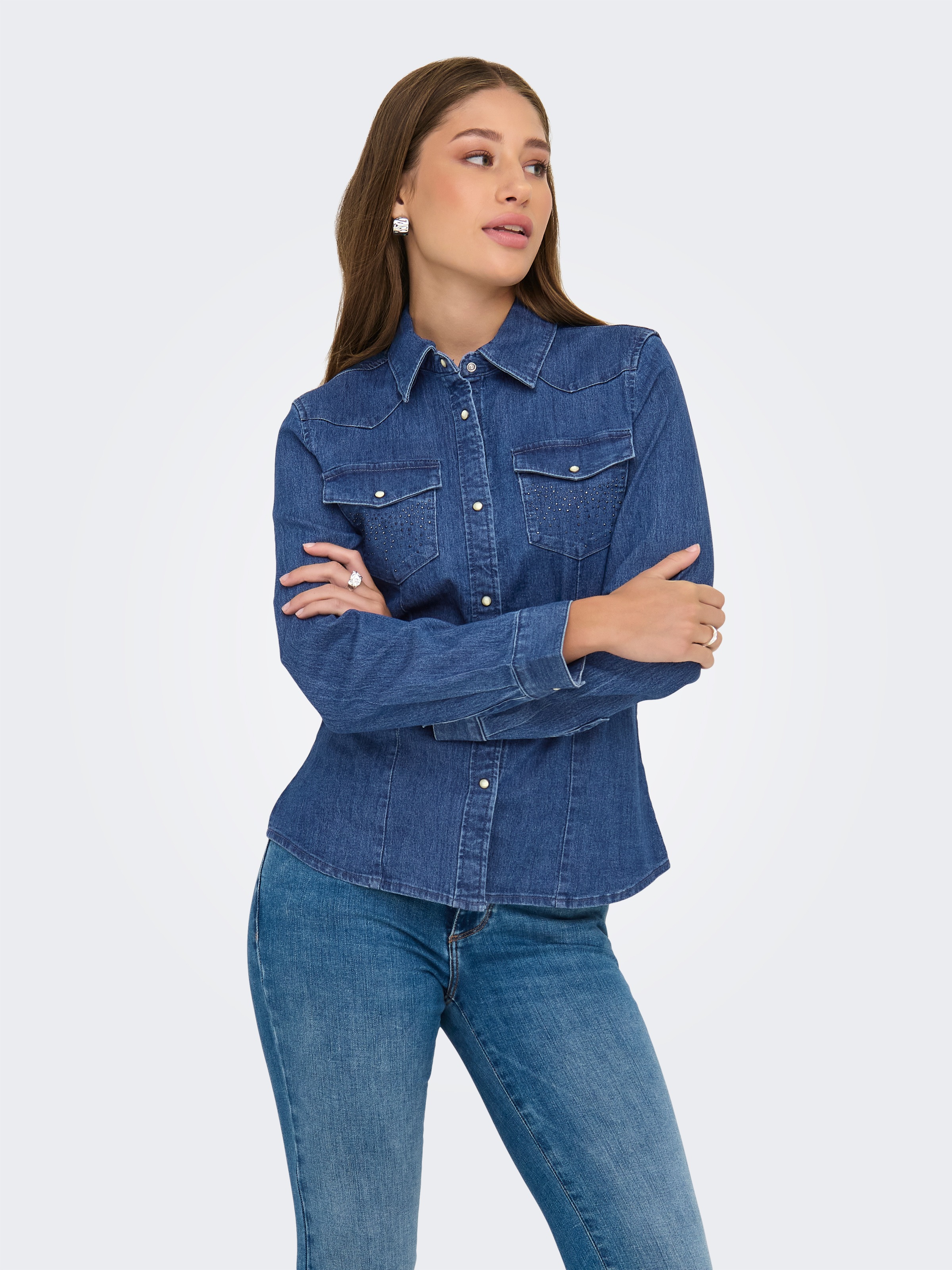 ONLY Jeansbluse "ONLSASIA L/S RHINESTONE DNM SHIRT AKM" günstig online kaufen