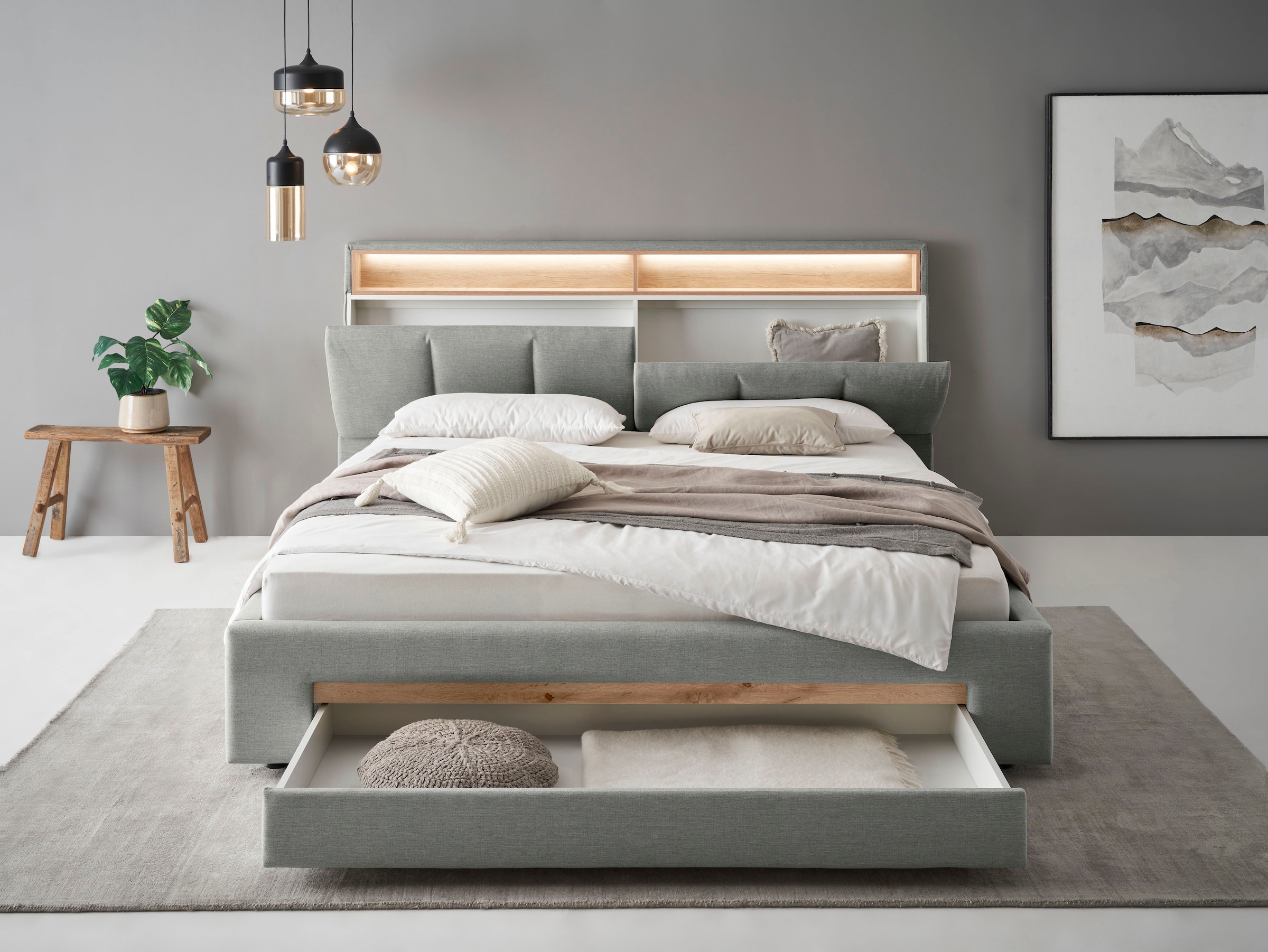 Home affaire Polsterbett »CiTY/GiRON,, gepolstertes Stauraumbett, mit LED Beleuchtung« Bettkasten mit Hundebett oder als Stauraum, klappbare Kopfteile
