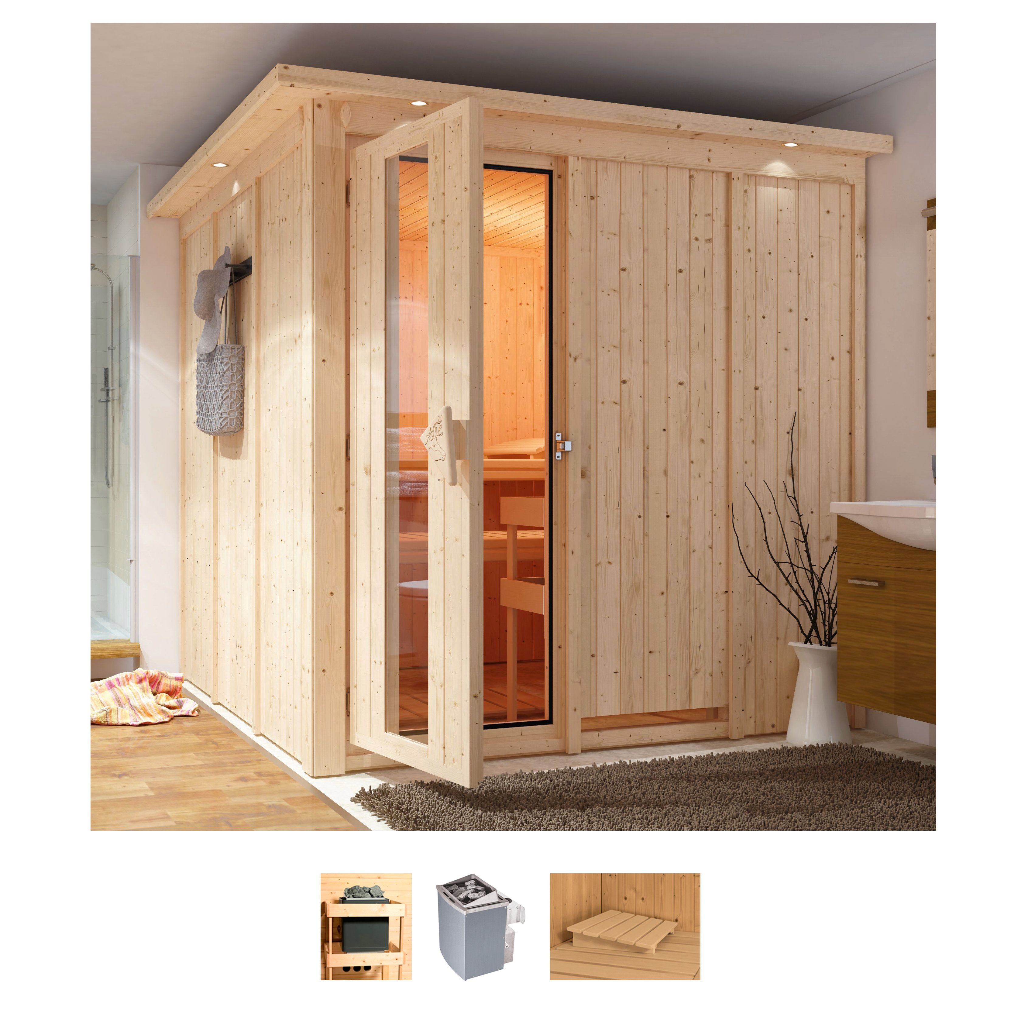 Karibu Sauna "Rodin" Set, Ofen 9 kW integr. Strg