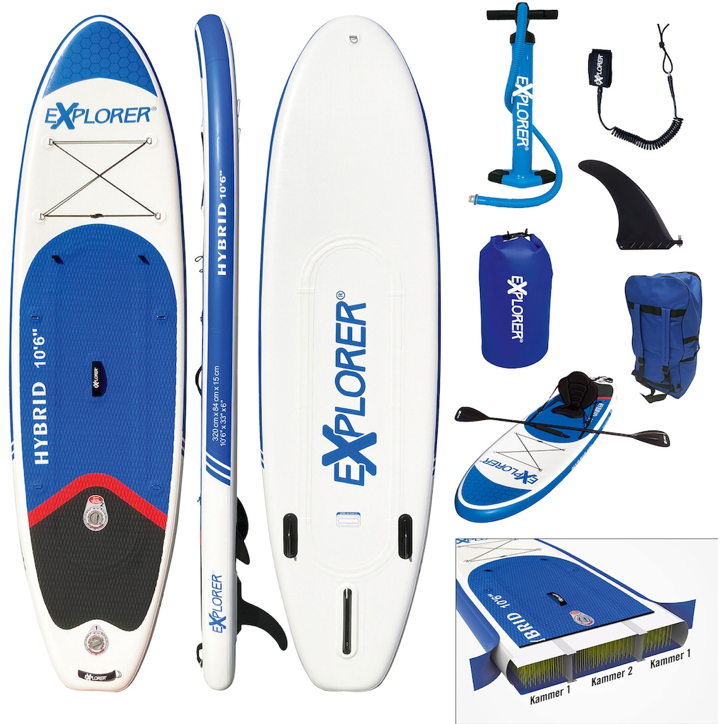 EXPLORER Inflatable SUP-Board »Hybrid 10.6 Doppelkammer Komplettset«, (9 tlg.), mit Paddel, Kajaksitz, Pumpe, Fangleine, Packsack