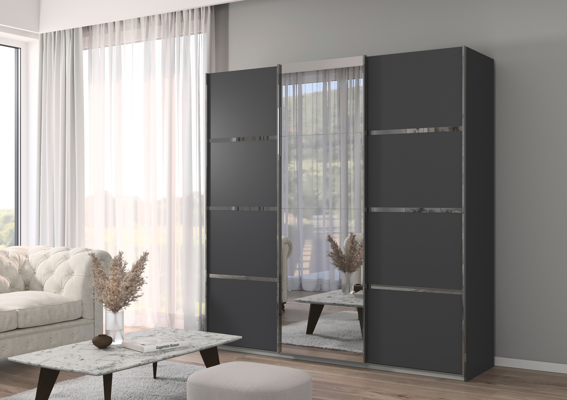 rauch Kleiderschrank »Schwebetürenschrank OTTO´s Choice Garderobe Schrank TOP ANGEBOT Avola«, (in 3 verschiedenen Ausstattungen BASIC/CLASSIC/PREMIUM inkl. Spiegel), mit eleganten Zierleisten in Chrom, Schwarz oder Weiß MADE IN GERMANY