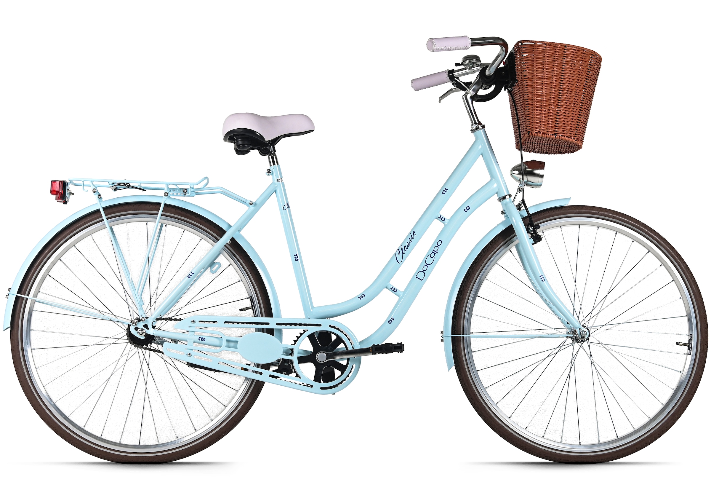 DACAPO Cityrad "Damenrad 28'' Classic Premium Blau 1 Gang RH 53 cm mit Korb", 53cm, 28 Zoll (71,12cm) hinten: 28 Zoll (71,12cm)blau, blau, Fahrräder
