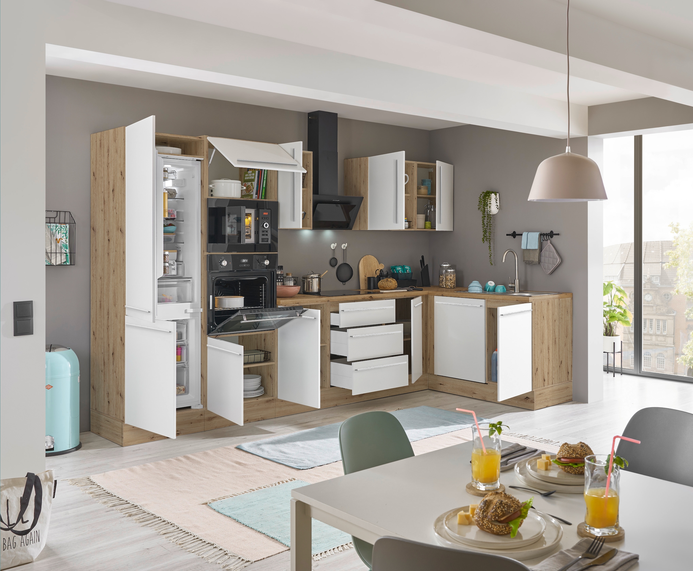 KOCHSTATION Winkelküche »Florida, Stellbreite 340x175 cm«, wahlweise mit E-Geräten, mit Softclose für Türen und Schubkästen