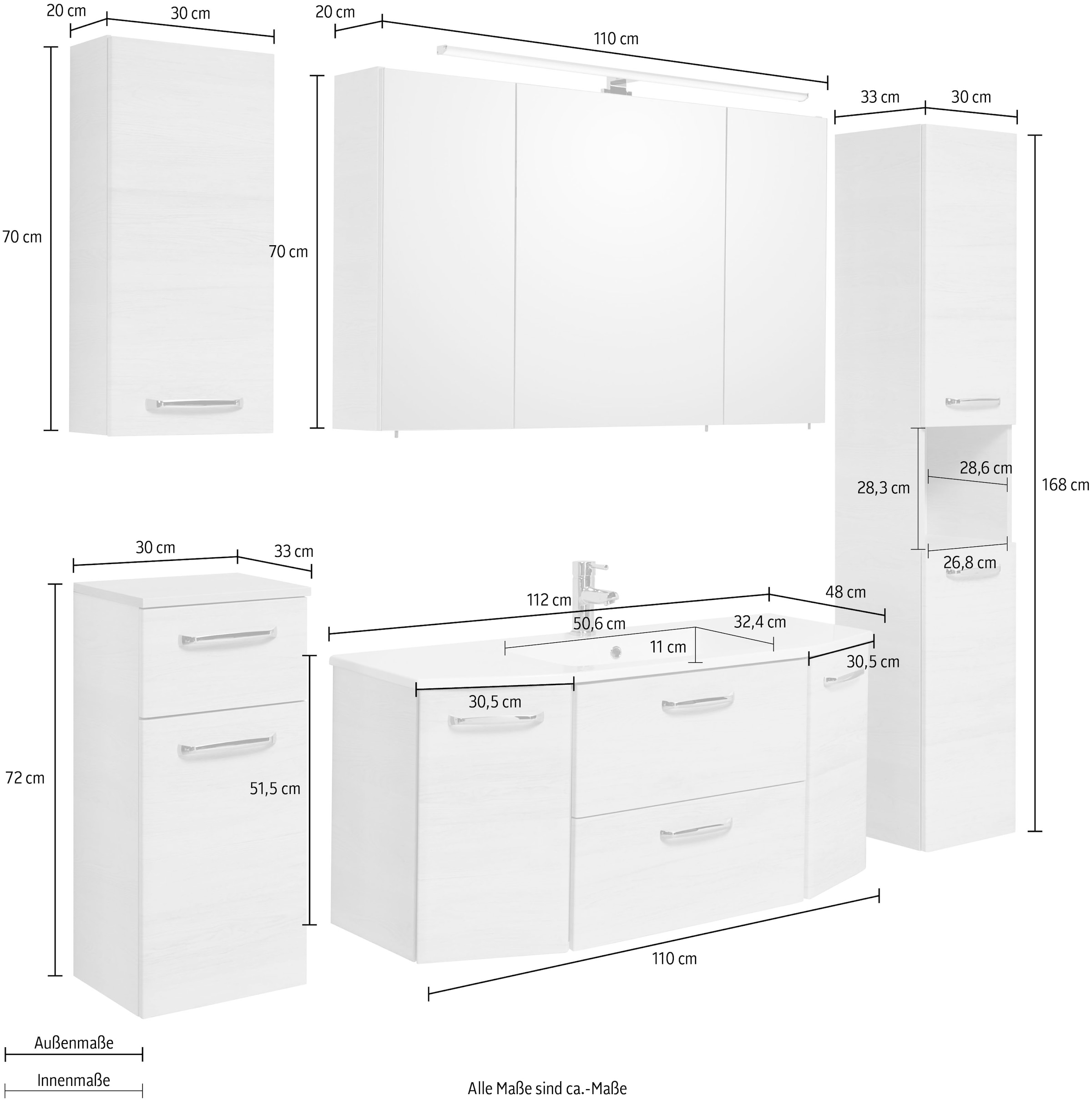 Saphir Badmöbel-Set »Quickset 936 5-teilig, Mineralmarmor-Waschtisch mit LED-Spiegelschrank«, (Set, 5 St.), Badezimmer Set inkl. Türdämpfer, 9 Türen, 1 Klappe, 1 Schublade