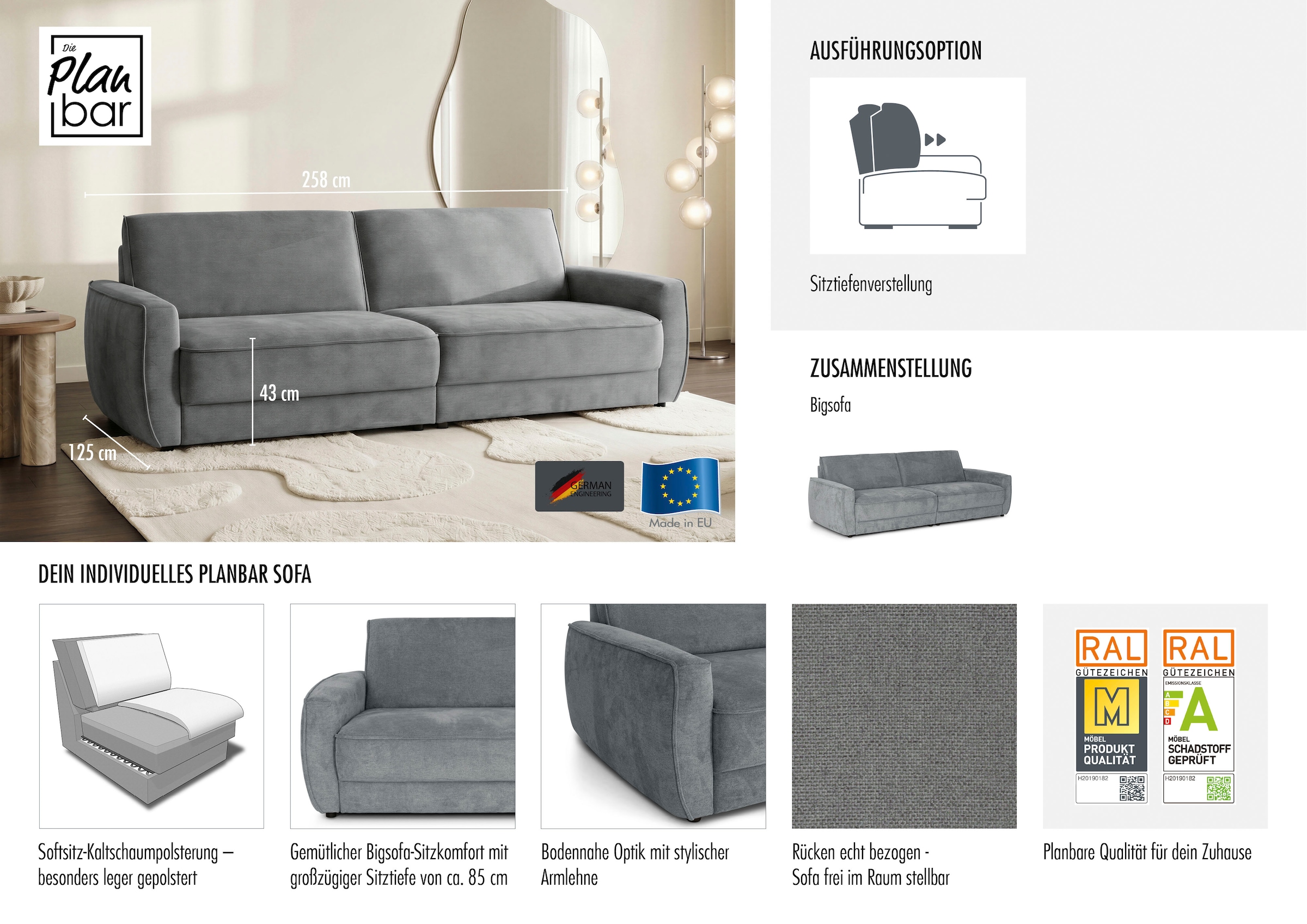Die PlanBar Big-Sofa »ZE-EM24139, B: 258 cm« SoftSitz-Kaltschaumpolsterung, wahlweise mit Sitztiefenverstellung