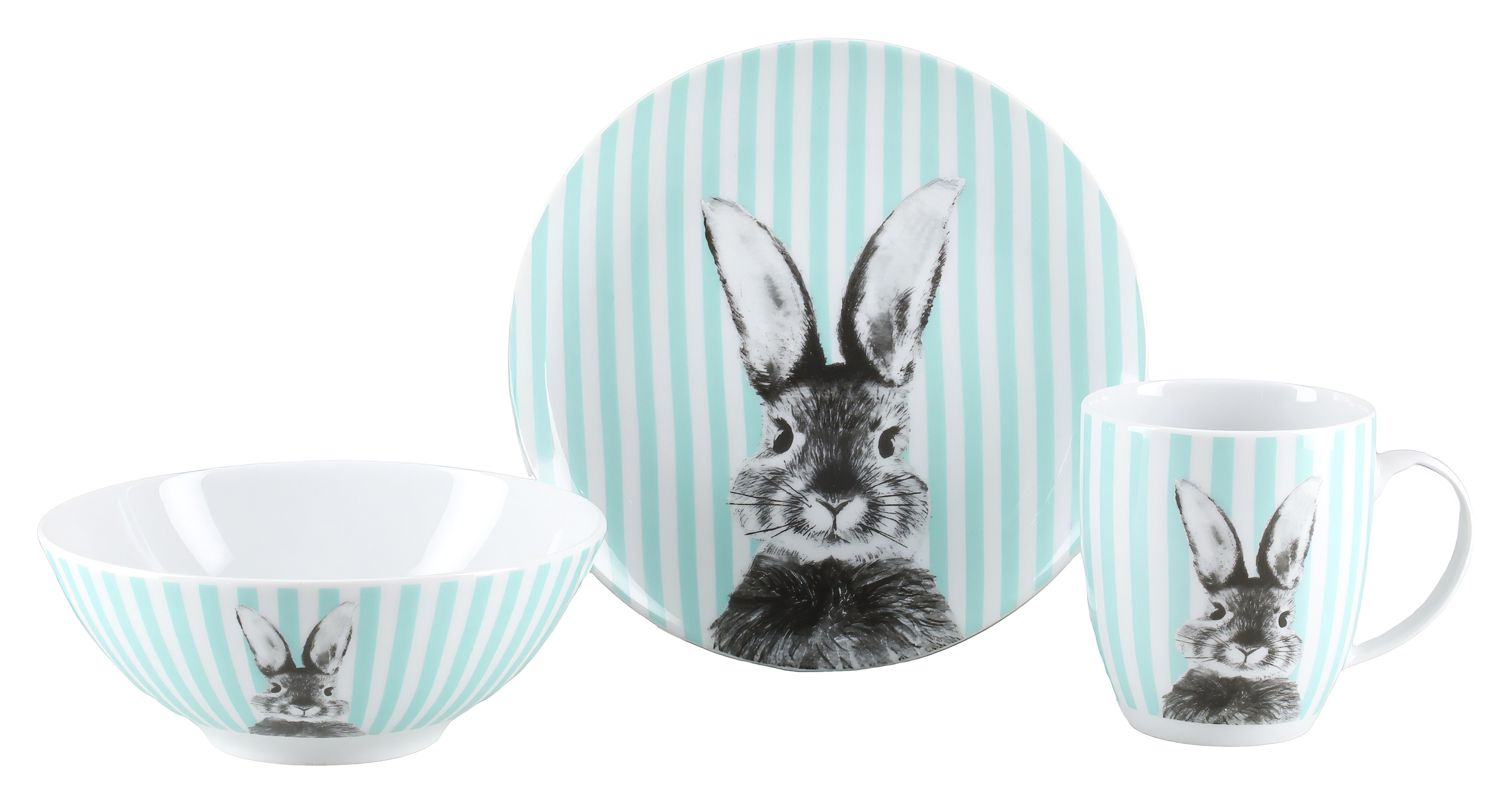 CreaTable Geschirr-Set "Happy Bunny, Set 3-tlg., mit Hasenmotiv, ideal für Ostern" Osterdesign, fröhliche & frühlingshafte Farben