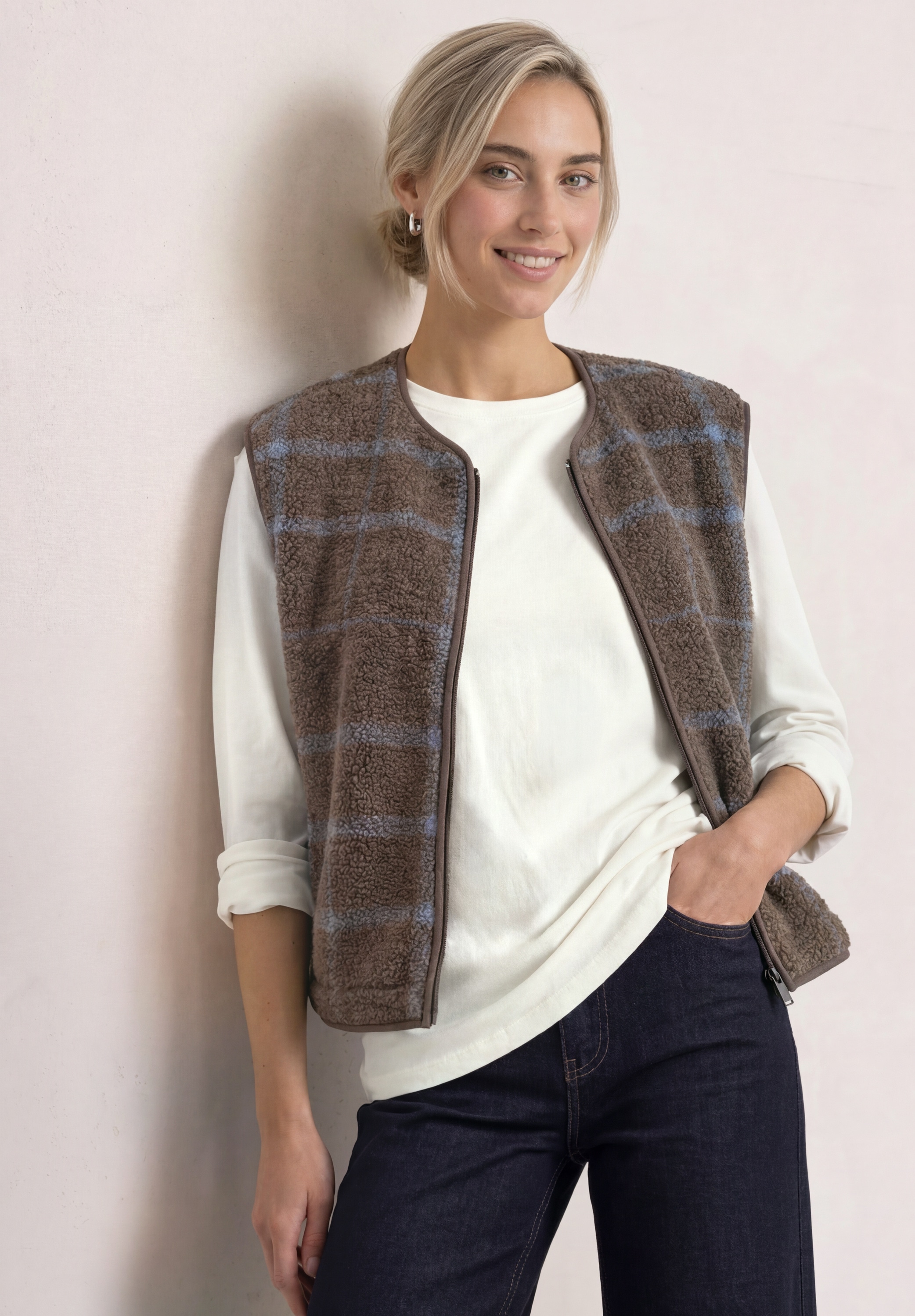STREET ONE Plüschweste mit Zipper und Print / Kariert